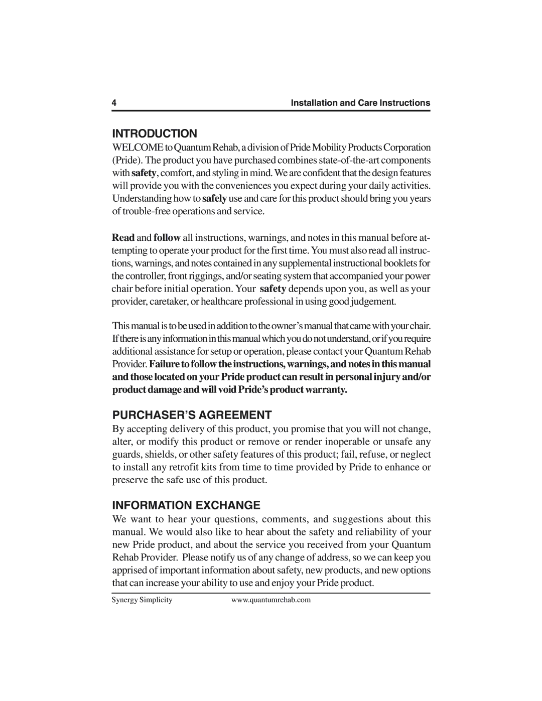 Pride Mobility INFMANU3281 manual Introduction, PURCHASER’S Agreement, Information Exchange 