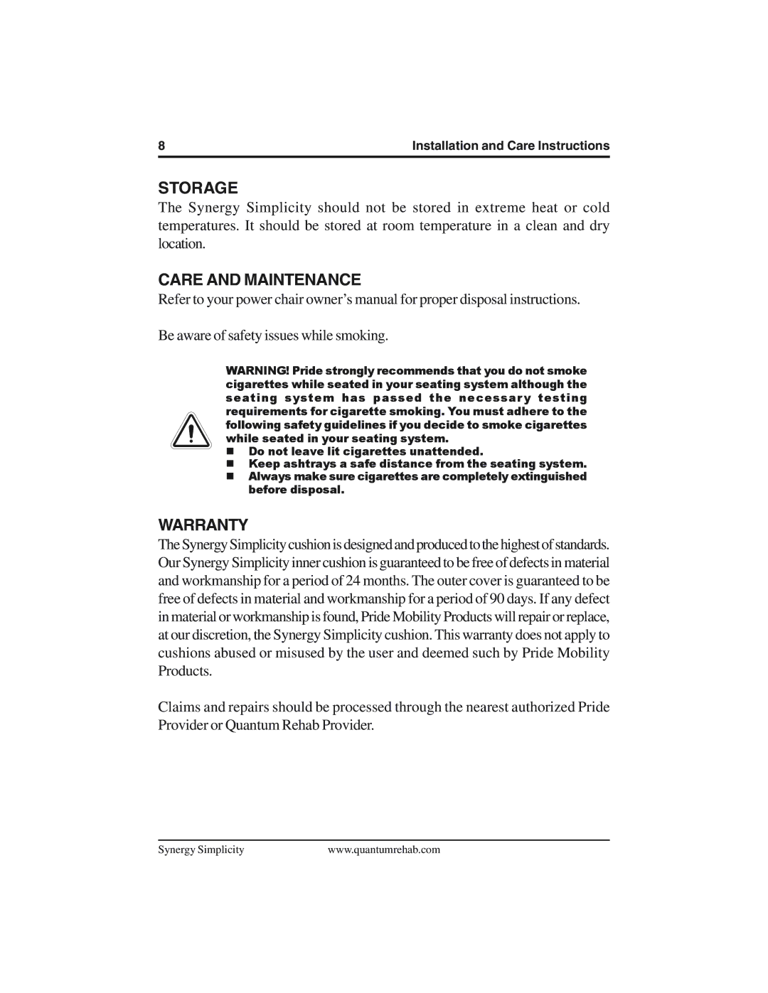 Pride Mobility INFMANU3281 manual Storage, Care and Maintenance, Warranty 