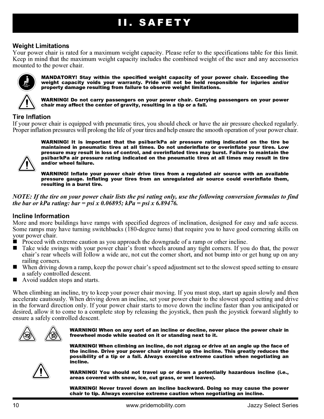 Pride Mobility INFMANU3351 manual Weight Limitations, Tire Inflation, Incline Information 