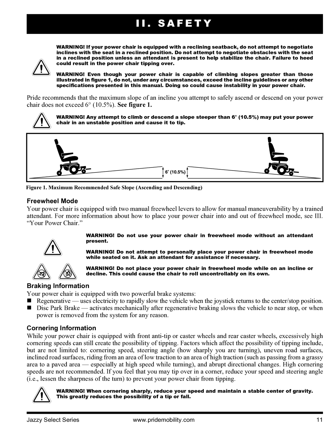 Pride Mobility INFMANU3351 manual Freewheel Mode, Braking Information, Cornering Information 