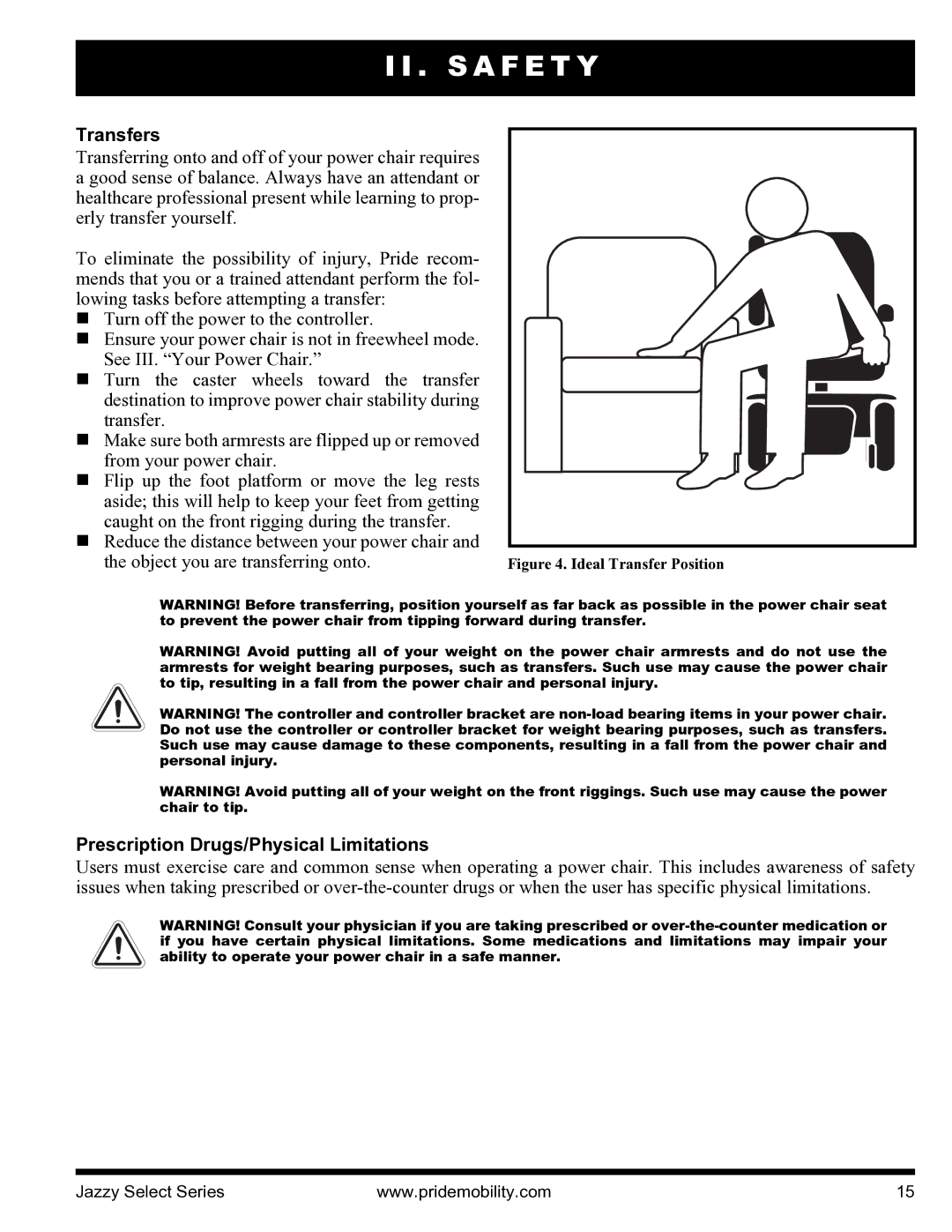 Pride Mobility INFMANU3351 manual Transfers, Prescription Drugs/Physical Limitations 