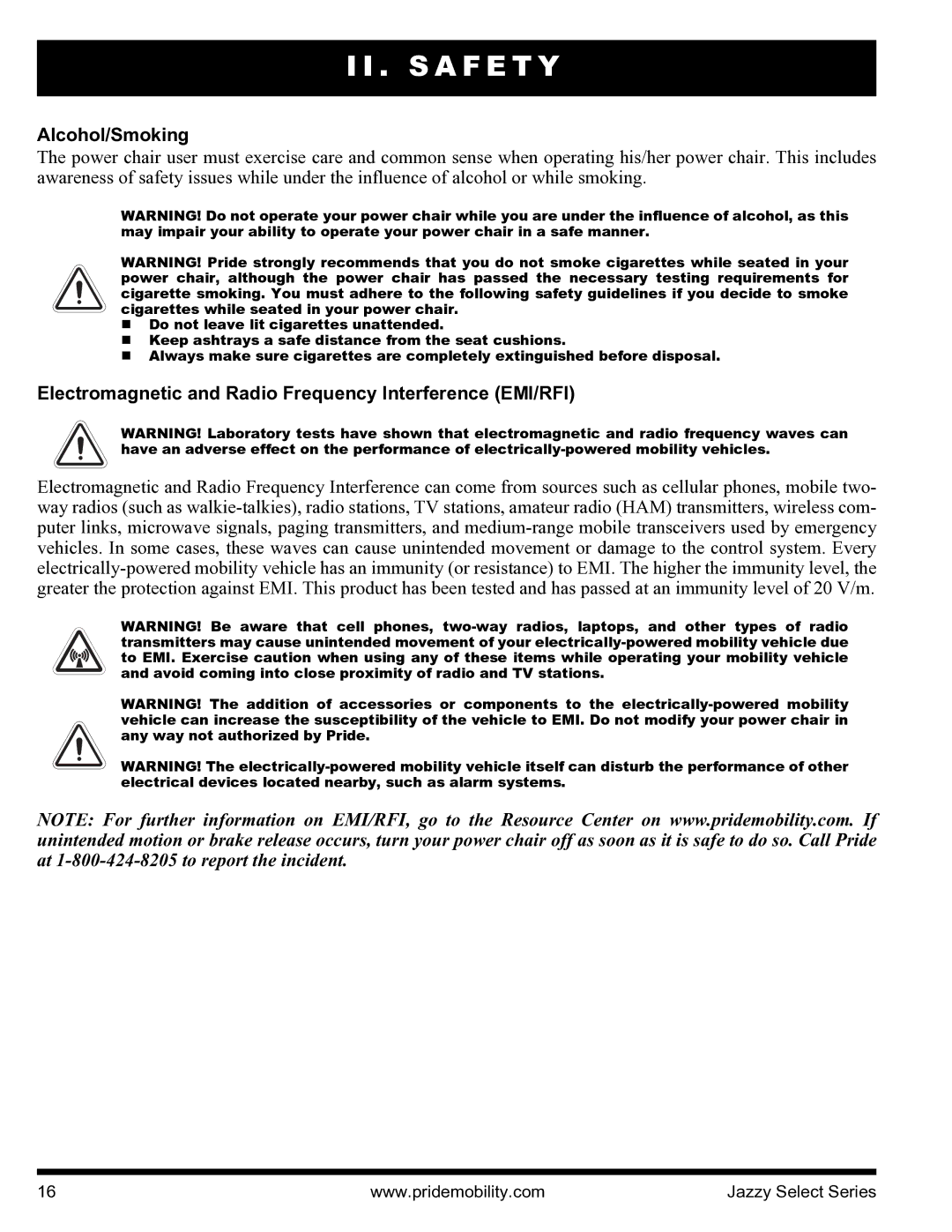 Pride Mobility INFMANU3351 manual Alcohol/Smoking, Electromagnetic and Radio Frequency Interference EMI/RFI 