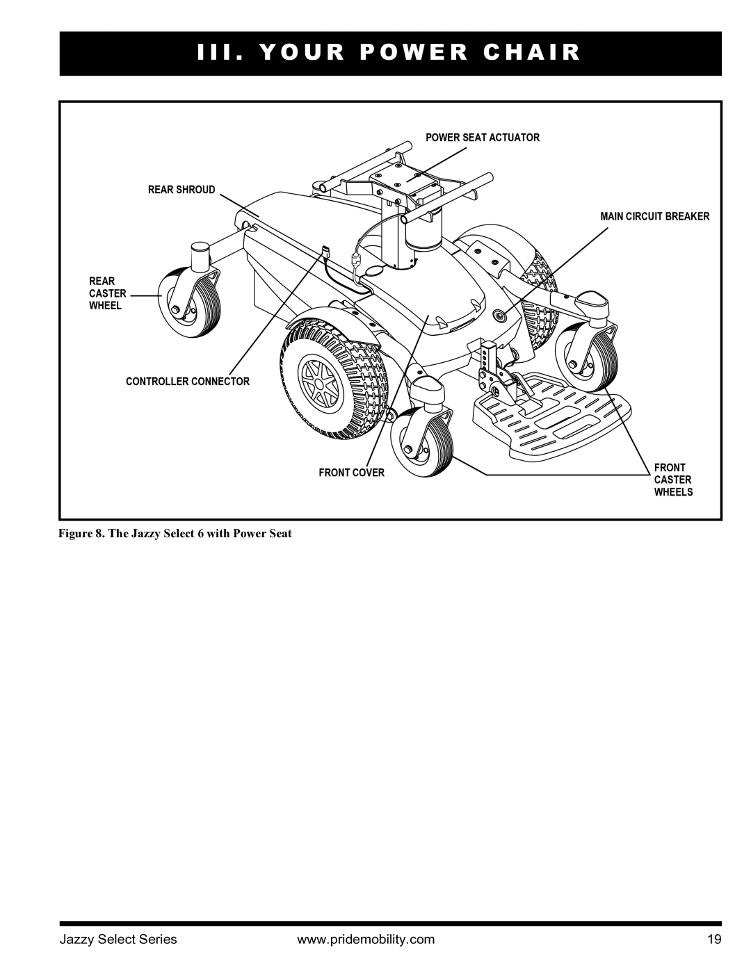 Pride Mobility INFMANU3351 manual Jazzy Select 6 with Power Seat 