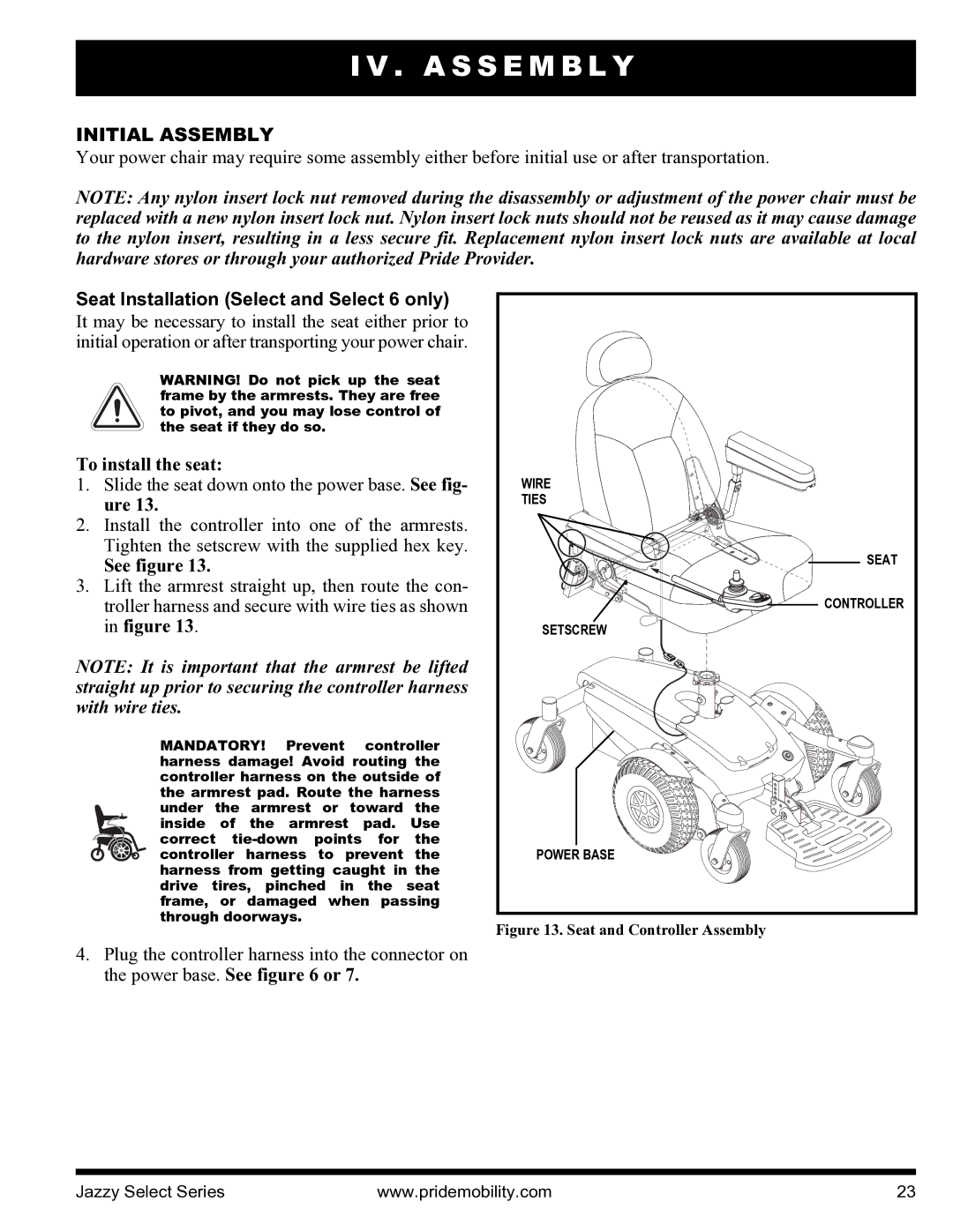 Pride Mobility INFMANU3351 manual A S S E M B L Y, Initial Assembly, Seat Installation Select and Select 6 only 