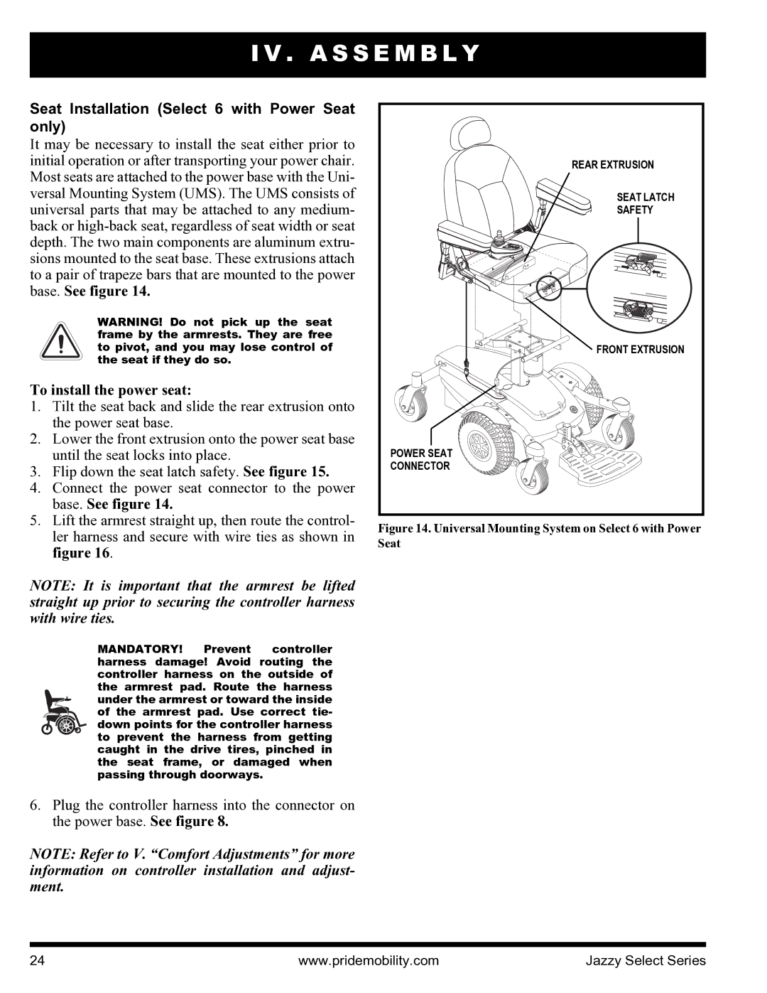 Pride Mobility INFMANU3351 manual Seat Installation Select 6 with Power Seat only, To install the power seat 