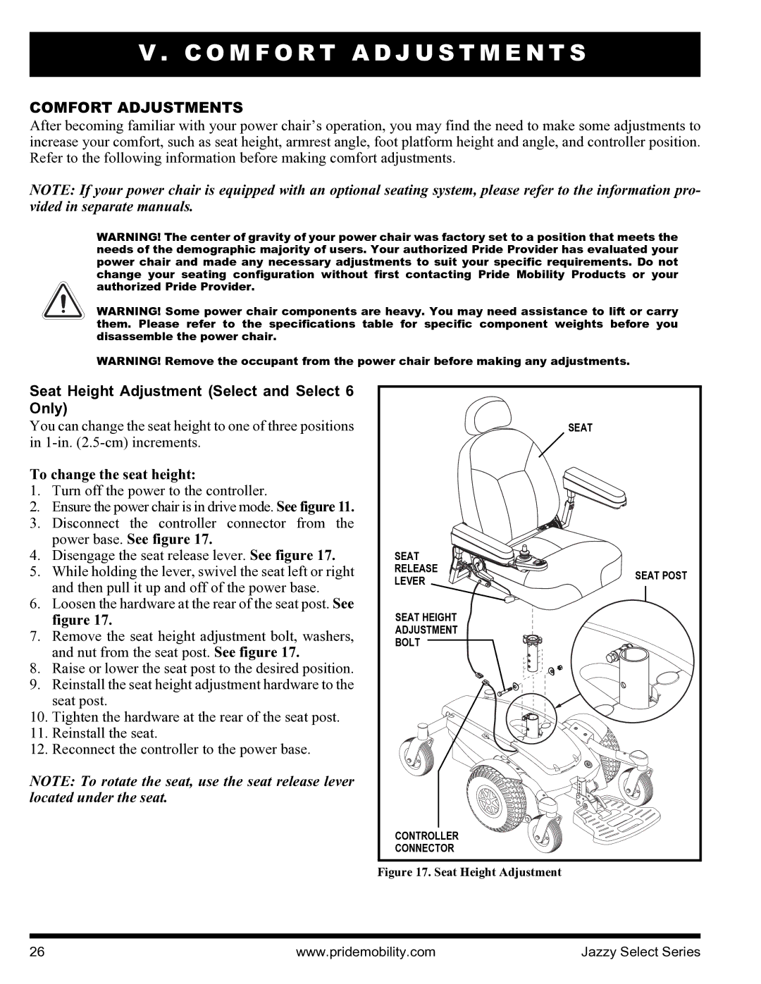 Pride Mobility INFMANU3351 manual O M F O R T a D J U S T M E N T S, Comfort Adjustments, To change the seat height 