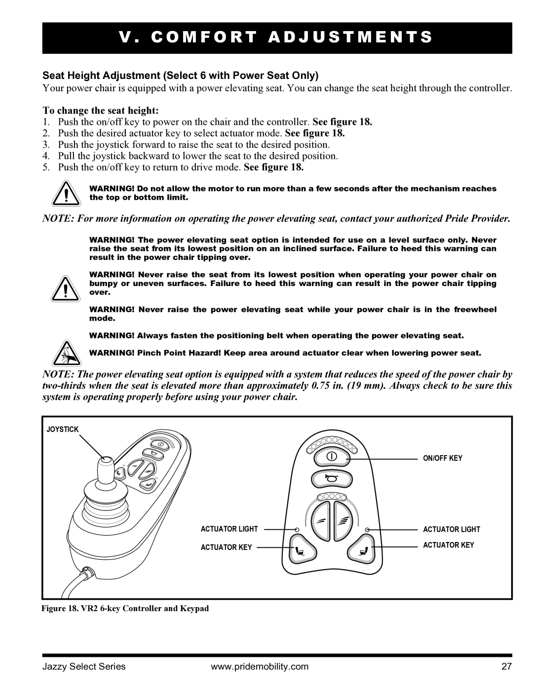 Pride Mobility INFMANU3351 manual Seat Height Adjustment Select 6 with Power Seat Only, VR2 6-key Controller and Keypad 