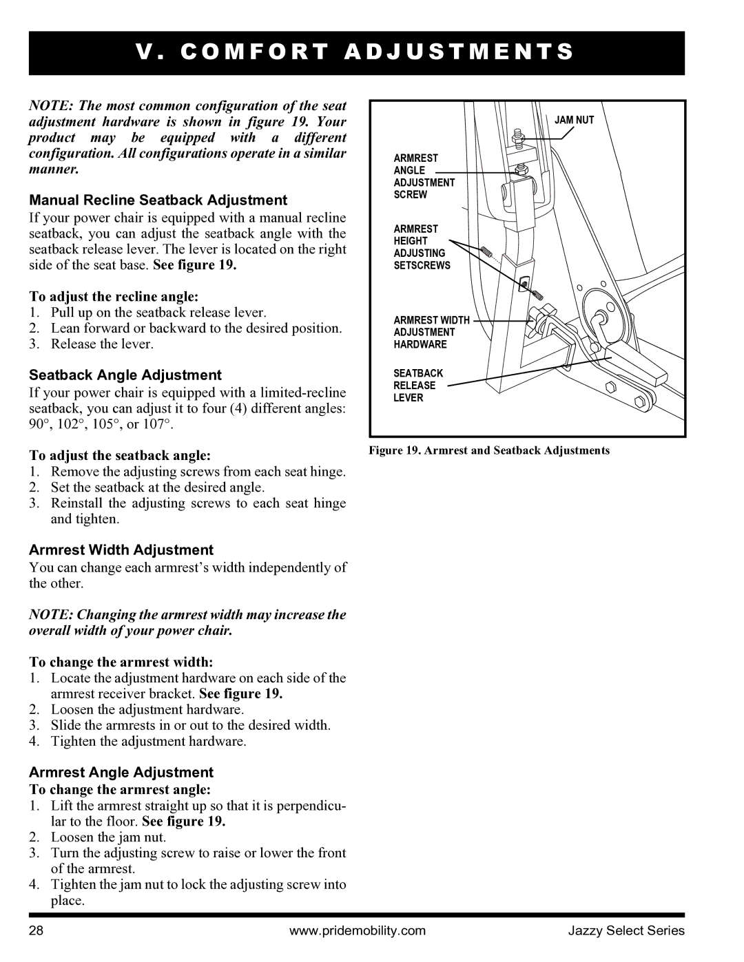 Pride Mobility INFMANU3351 manual Manual Recline Seatback Adjustment, Seatback Angle Adjustment, Armrest Width Adjustment 