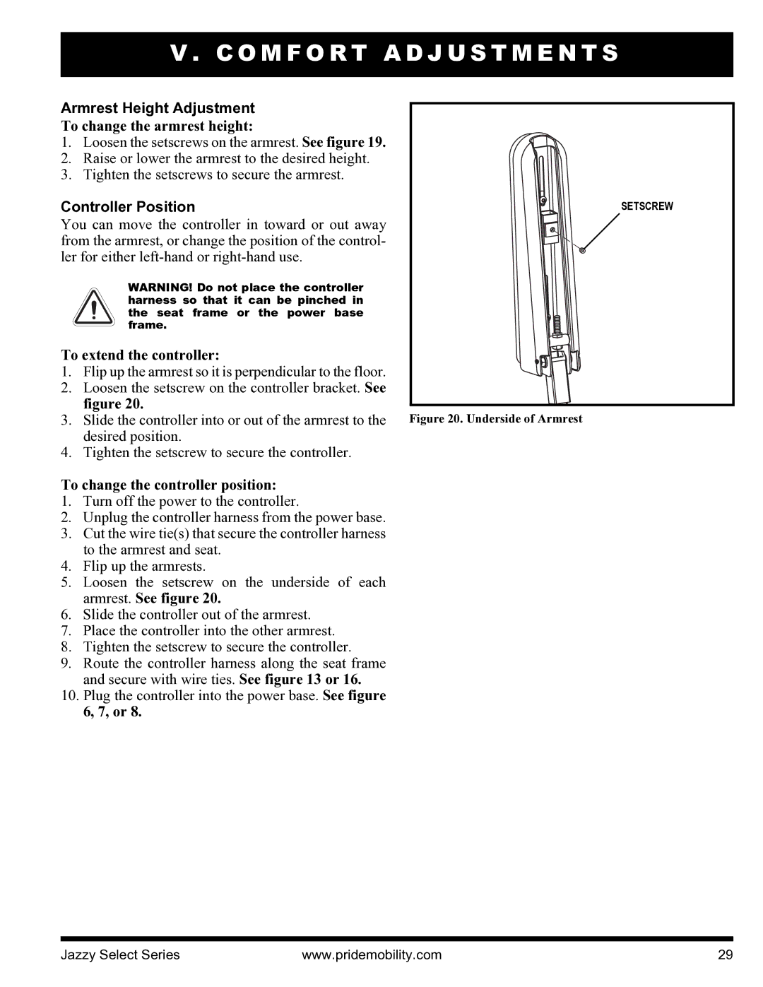 Pride Mobility INFMANU3351 manual Armrest Height Adjustment, To change the armrest height, Controller Position 