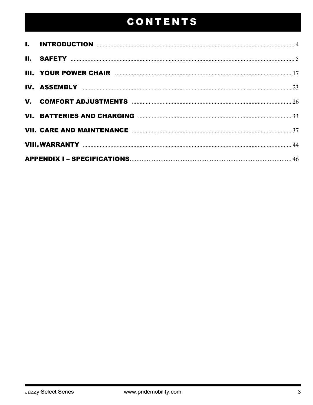 Pride Mobility INFMANU3351 manual Iii, Appendix I Specifications 