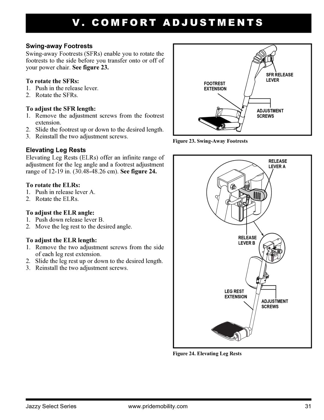 Pride Mobility INFMANU3351 manual Swing-away Footrests, Elevating Leg Rests 