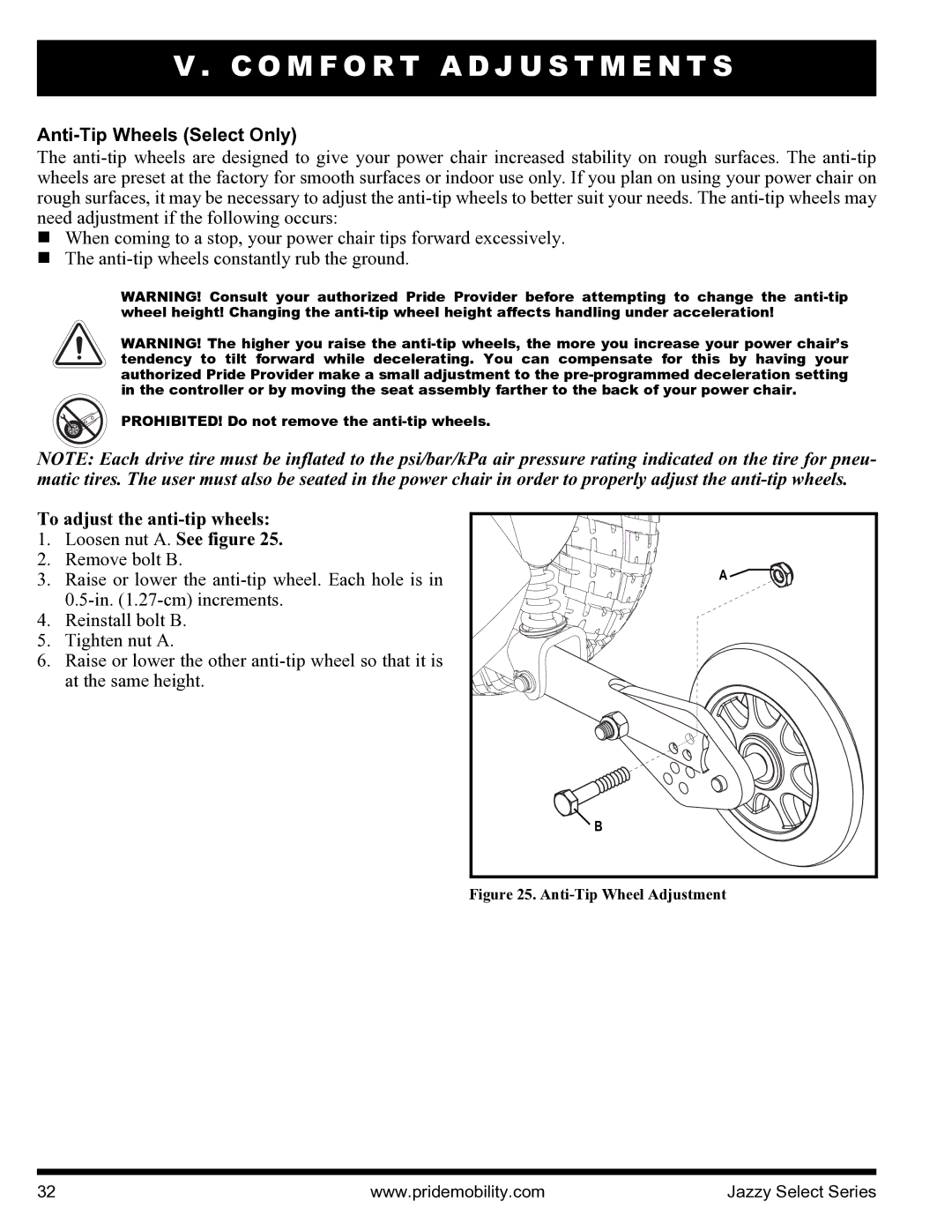 Pride Mobility INFMANU3351 manual Anti-Tip Wheels Select Only, To adjust the anti-tip wheels 