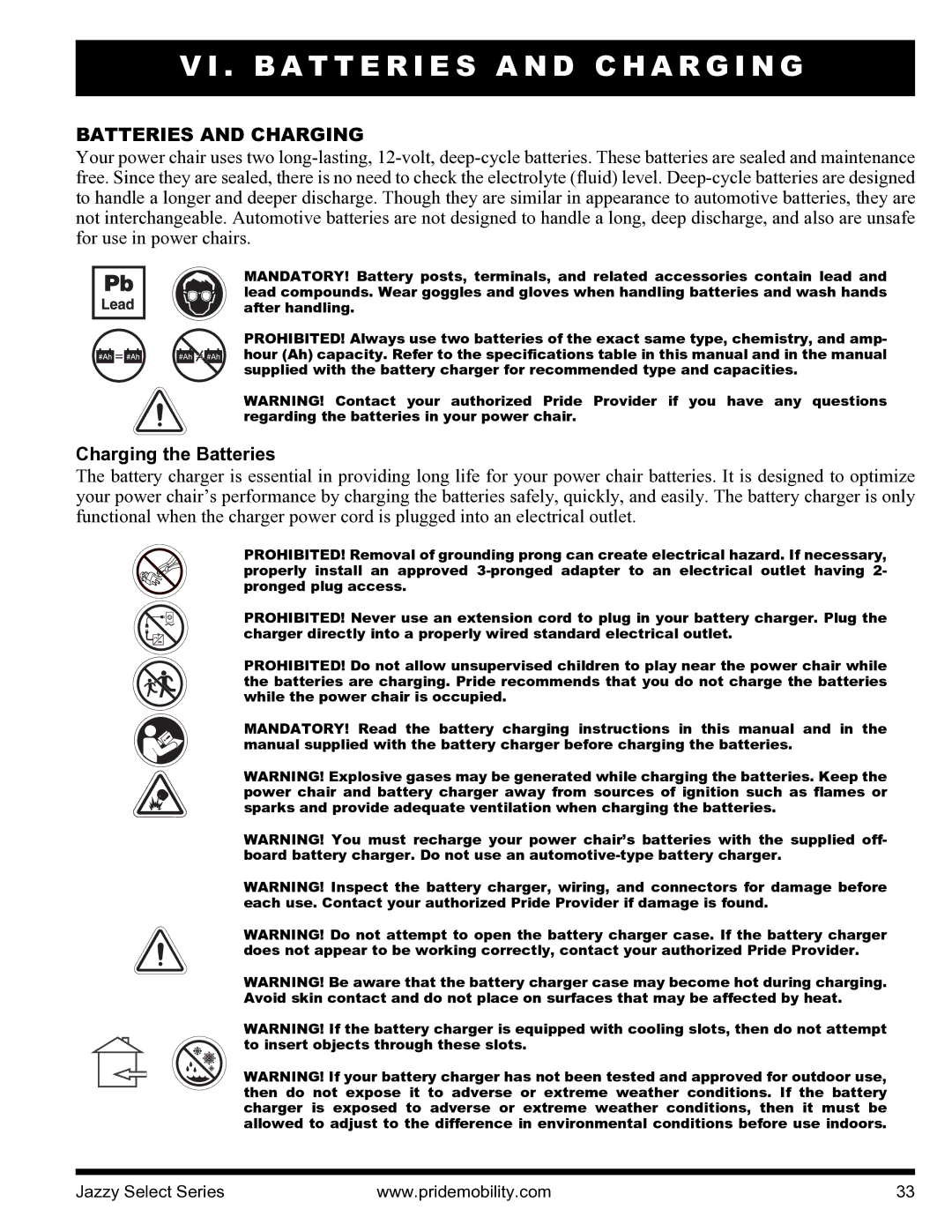 Pride Mobility INFMANU3351 manual B a T T E R I E S a N D C H a R G I N G, Batteries and Charging, Charging the Batteries 