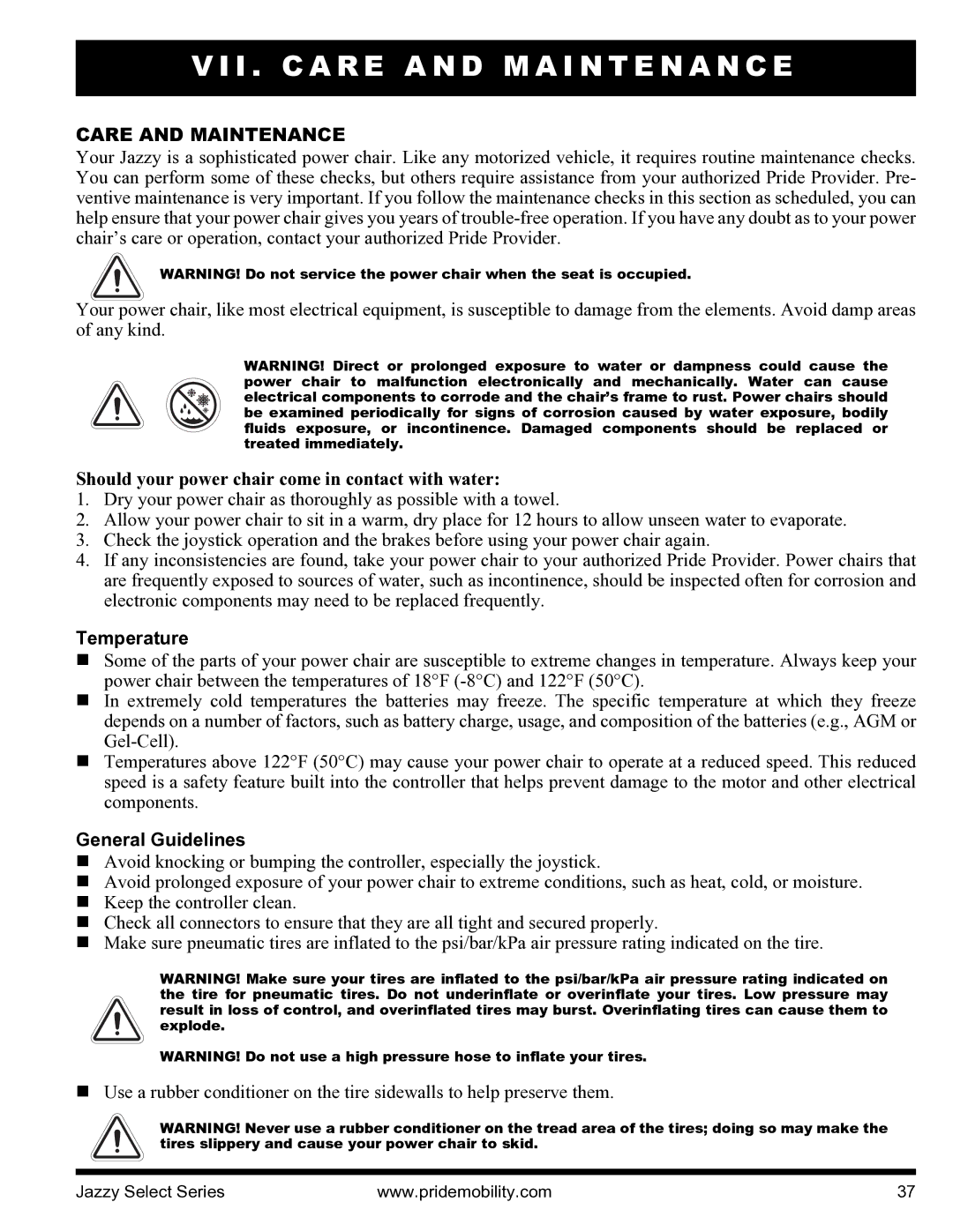 Pride Mobility INFMANU3351 I . C a R E a N D M a I N T E N a N C E, Care and Maintenance, Temperature, General Guidelines 