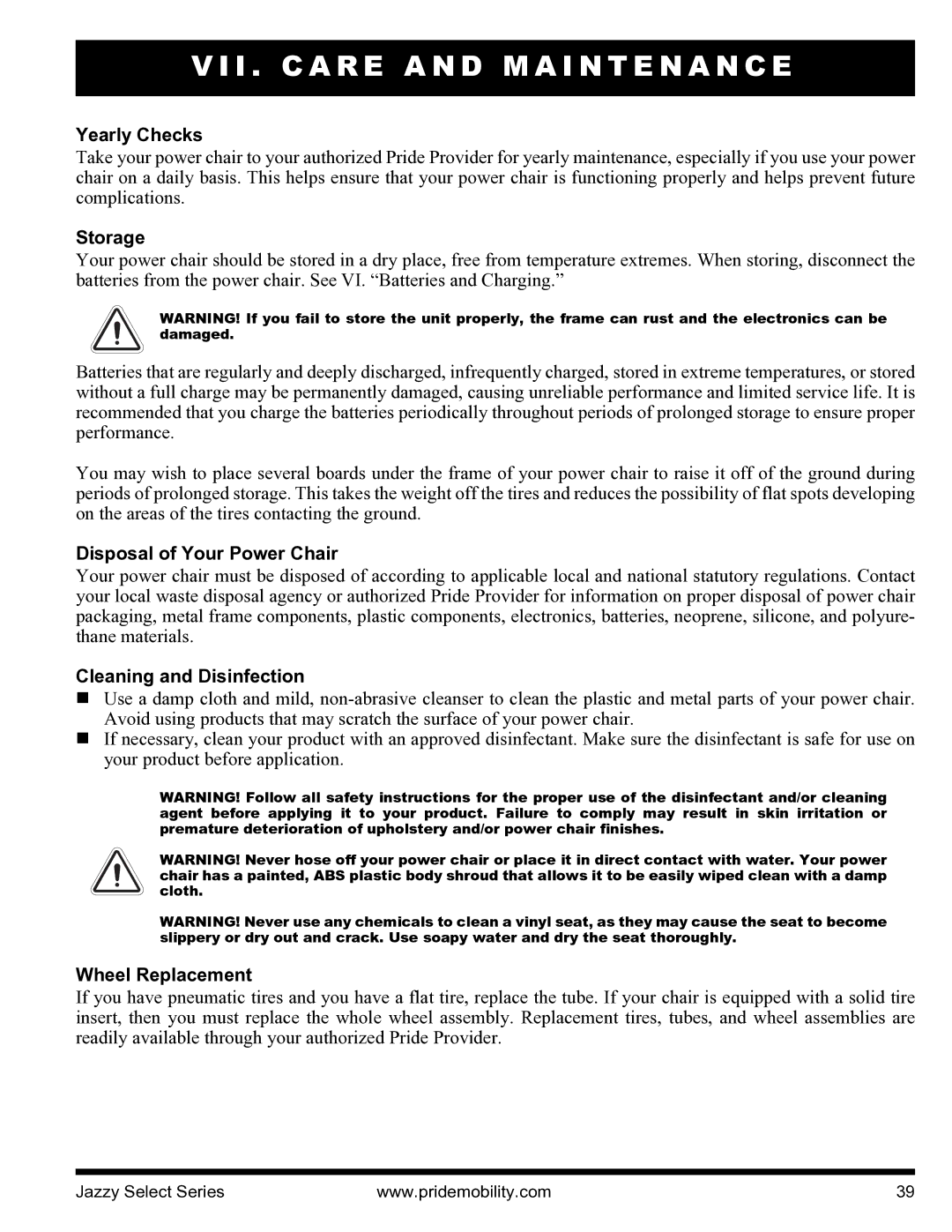 Pride Mobility INFMANU3351 manual Yearly Checks, Storage, Disposal of Your Power Chair, Cleaning and Disinfection 