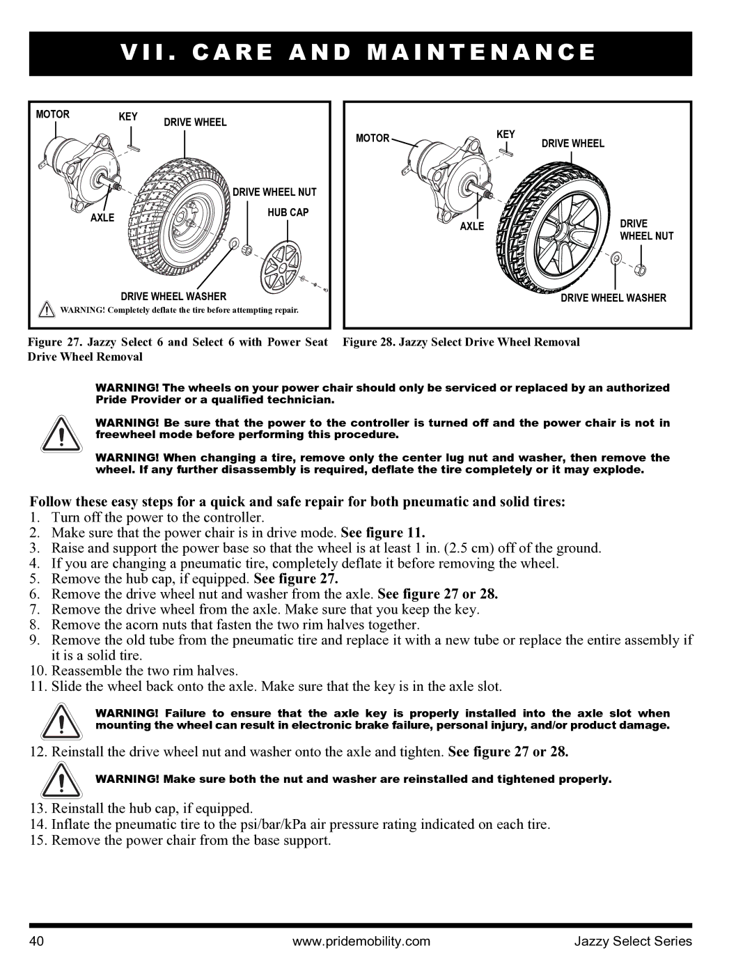 Pride Mobility INFMANU3351 manual Jazzy Select Drive Wheel Removal 