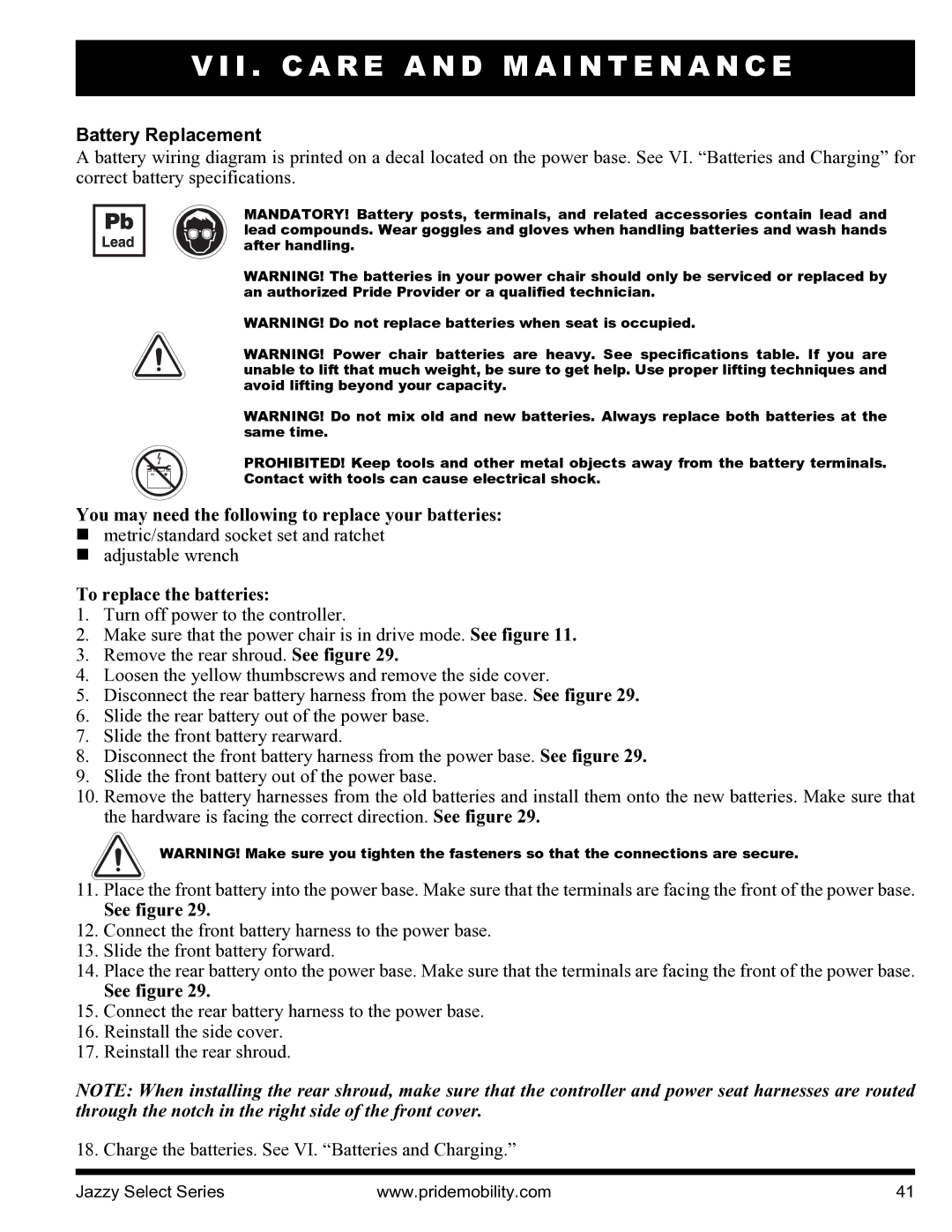 Pride Mobility INFMANU3351 manual Battery Replacement, To replace the batteries 