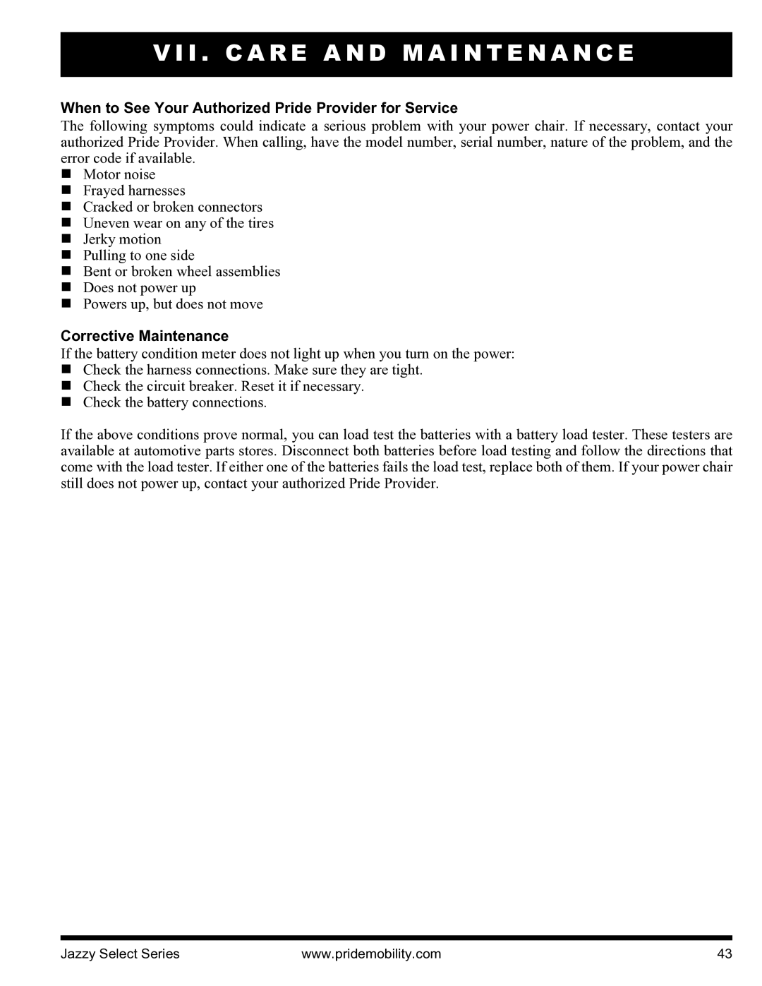 Pride Mobility INFMANU3351 manual When to See Your Authorized Pride Provider for Service, Corrective Maintenance 