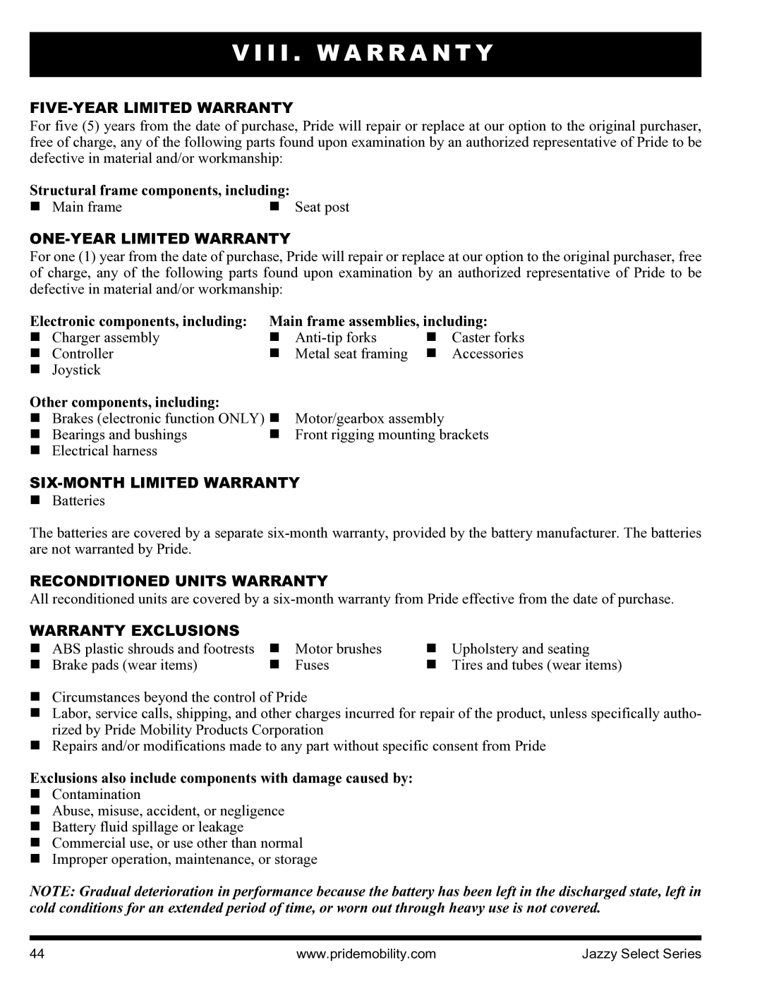 Pride Mobility INFMANU3351 manual I I . W a R R a N T Y 