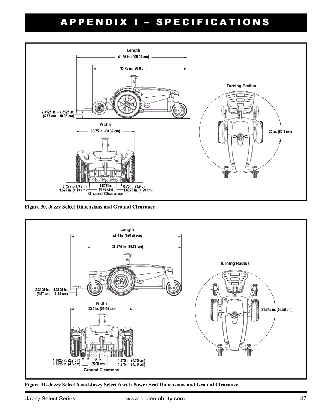 Pride Mobility INFMANU3351 manual Jazzy Select Dimensions and Ground Clearance 