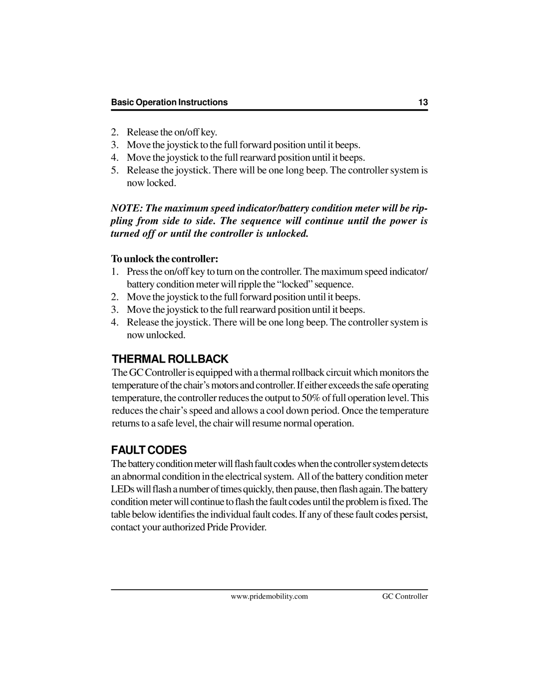 Pride Mobility INFMANU3355 manual Thermal Rollback, Fault Codes 