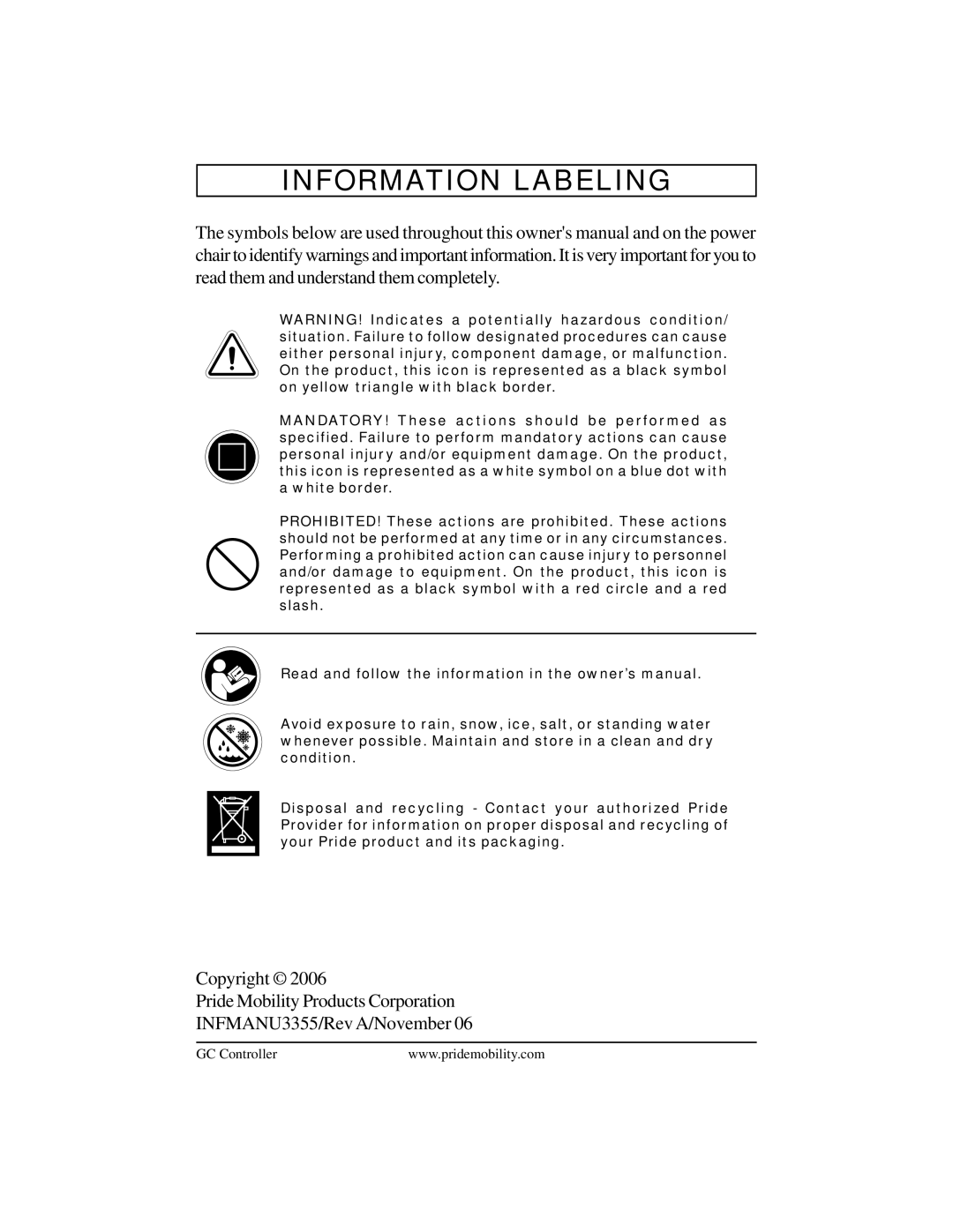 Pride Mobility INFMANU3355 manual Information Labeling 