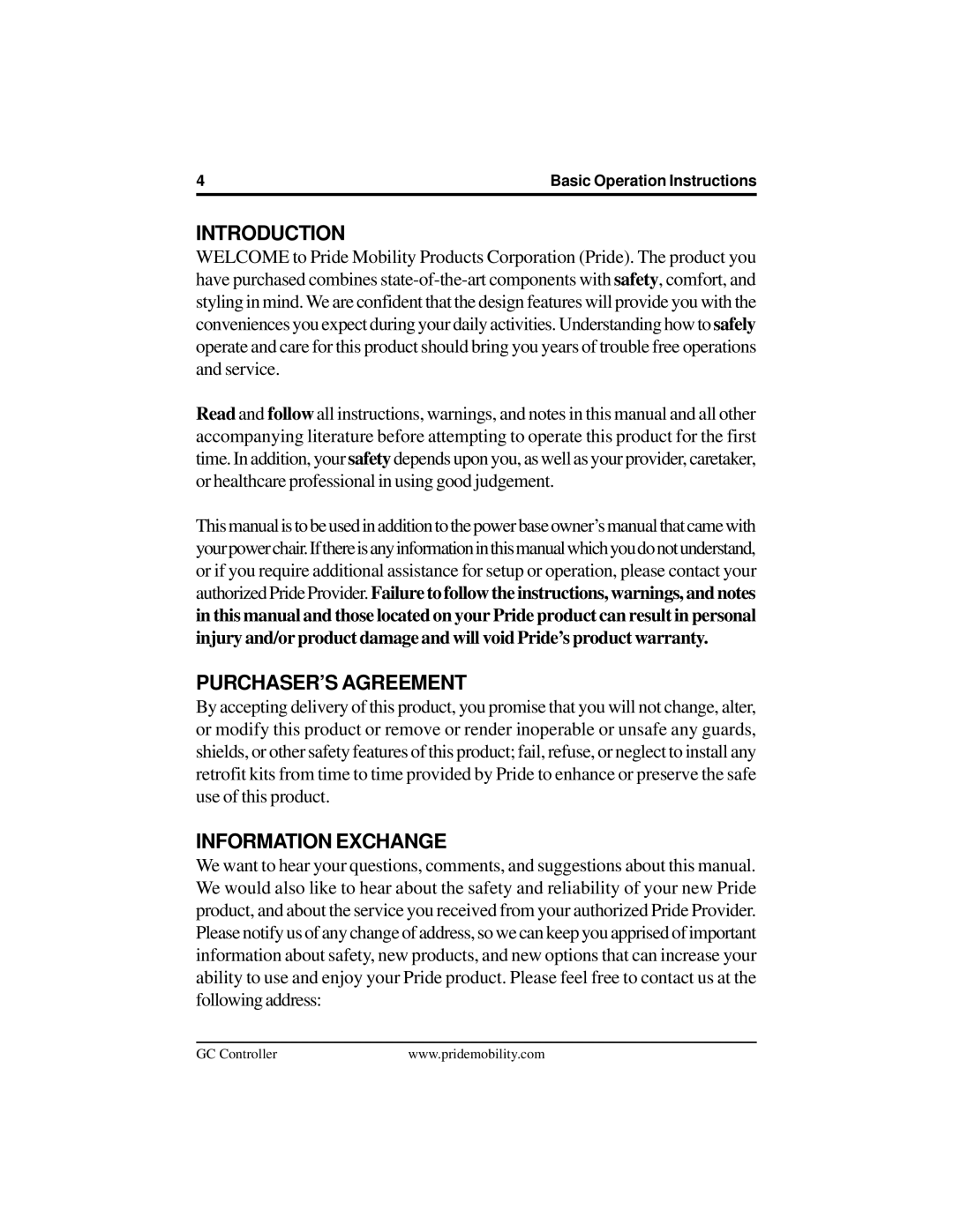 Pride Mobility INFMANU3355 manual Introduction, PURCHASER’S Agreement, Information Exchange 