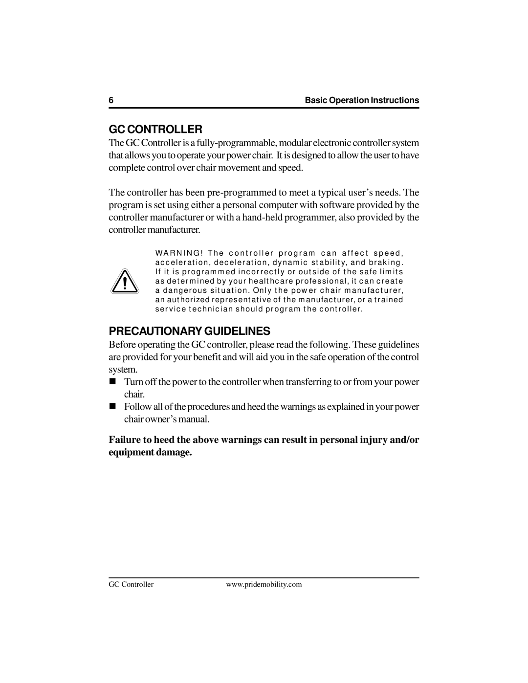 Pride Mobility INFMANU3355 manual GC Controller, Precautionary Guidelines 