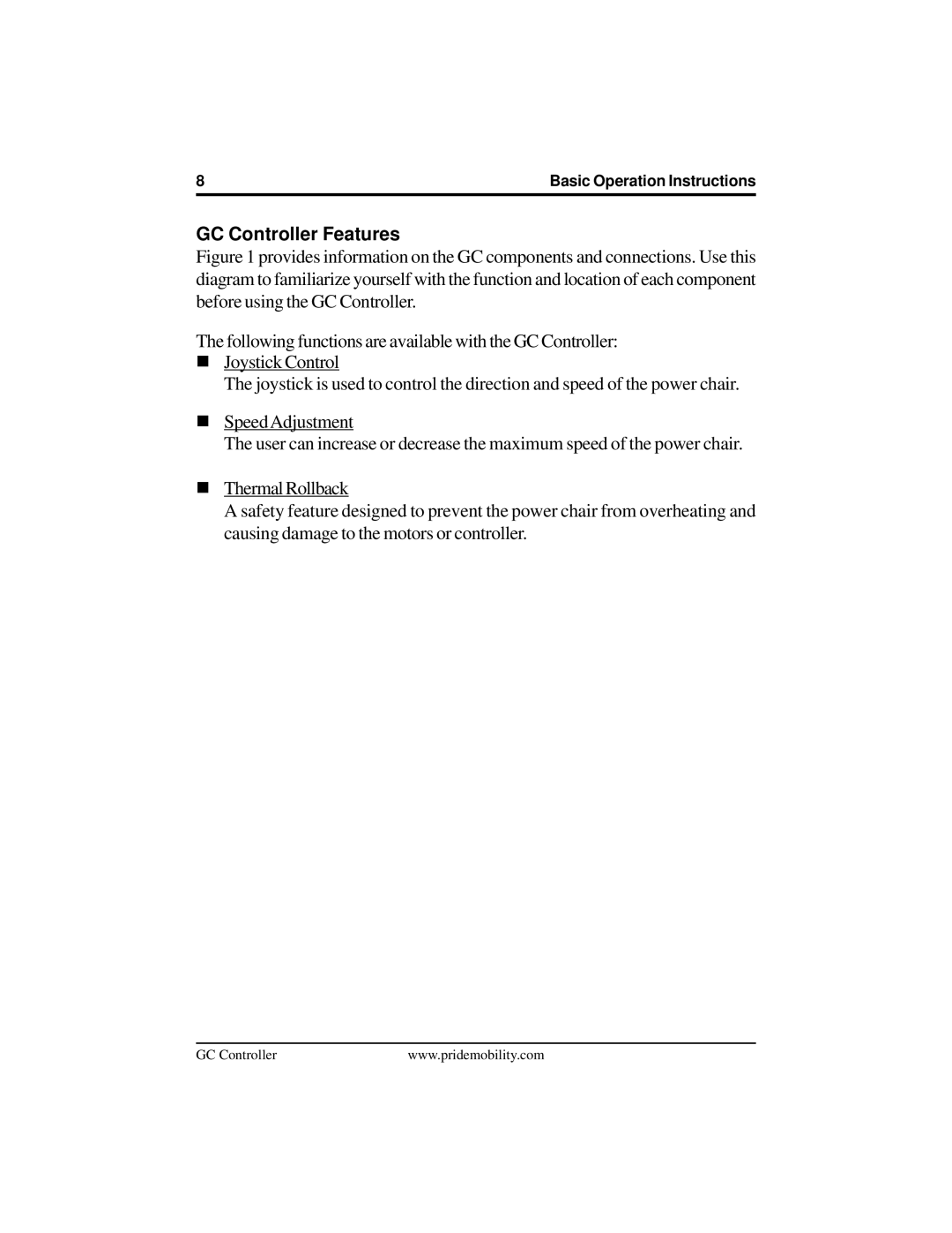 Pride Mobility INFMANU3355 manual GC Controller Features 