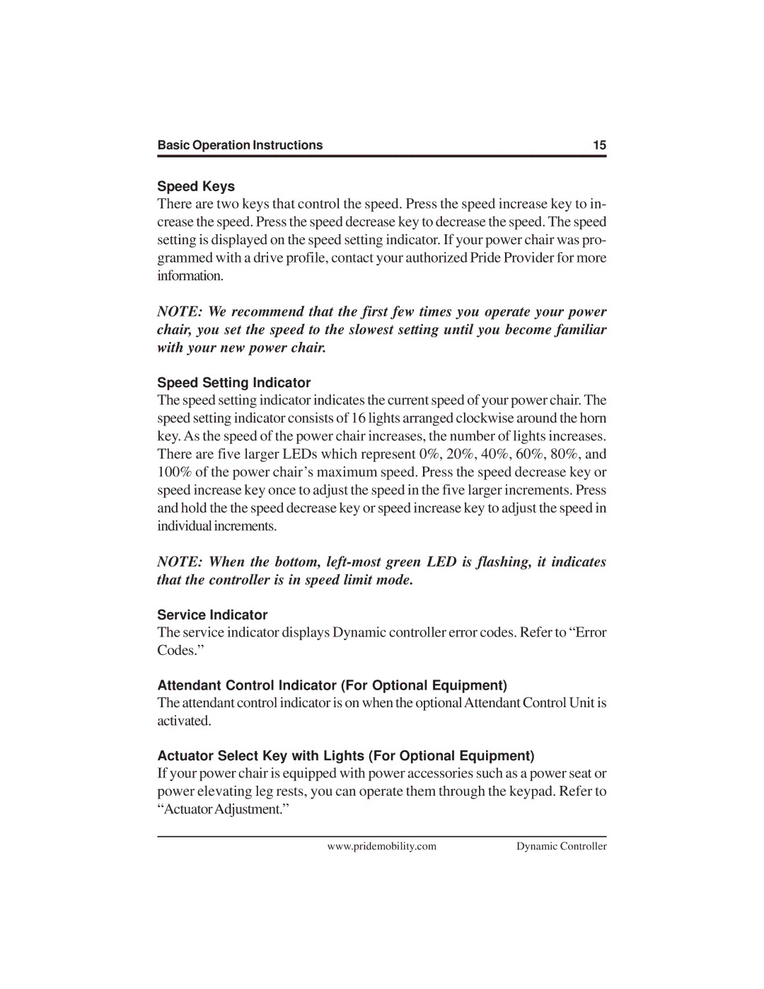 Pride Mobility INFMANU3676 manual Speed Keys 