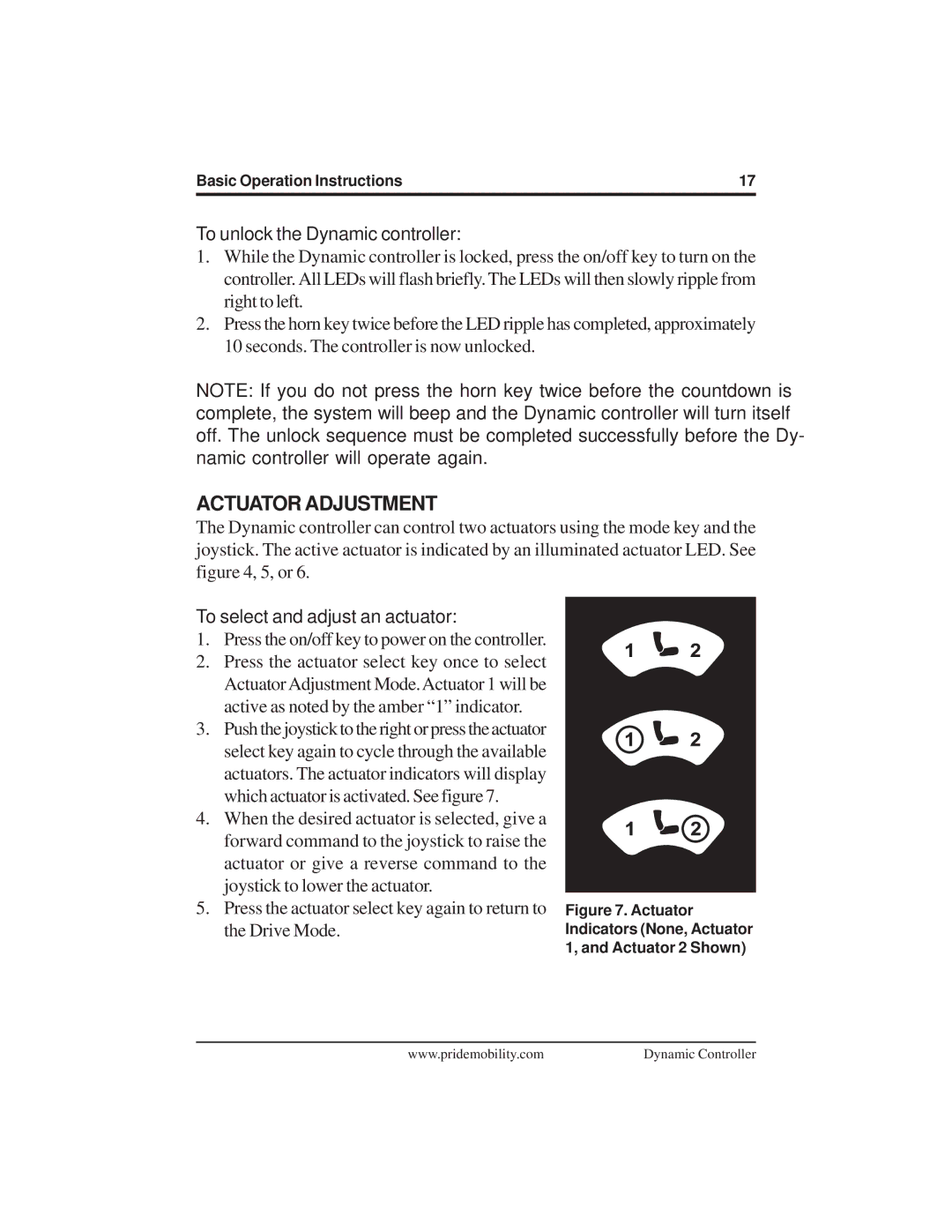 Pride Mobility INFMANU3676 manual Actuator Adjustment, To unlock the Dynamic controller 