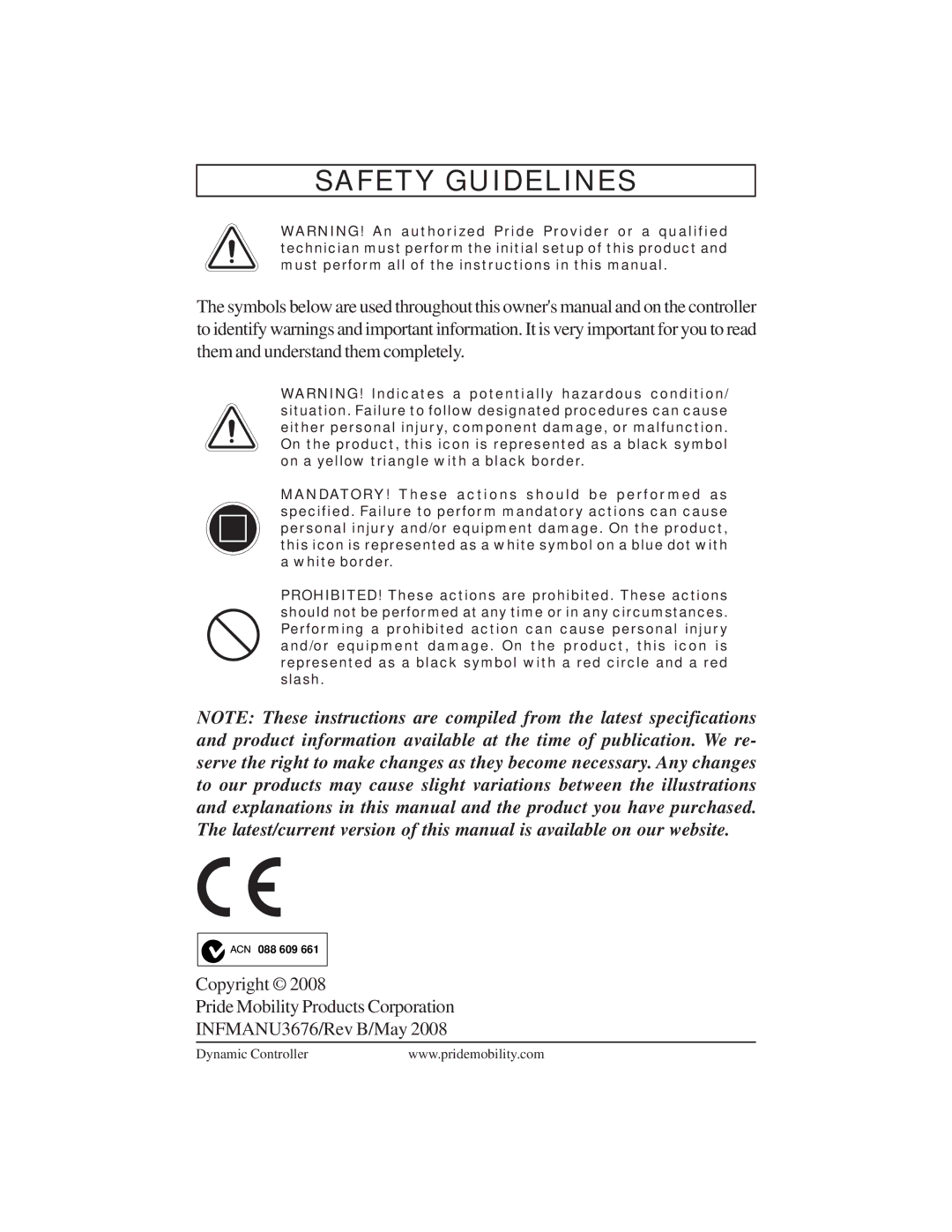 Pride Mobility INFMANU3676 manual Safety Guidelines 