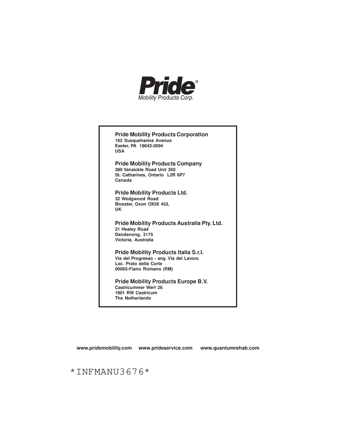 Pride Mobility INFMANU3676 manual 