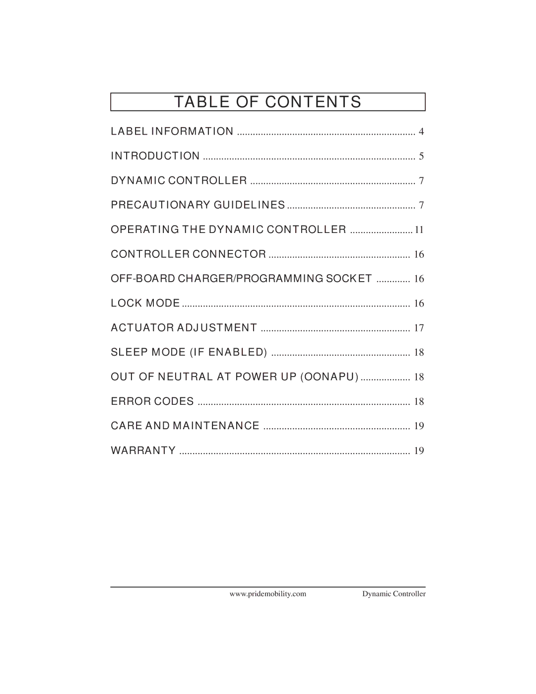 Pride Mobility INFMANU3676 manual Table of Contents 