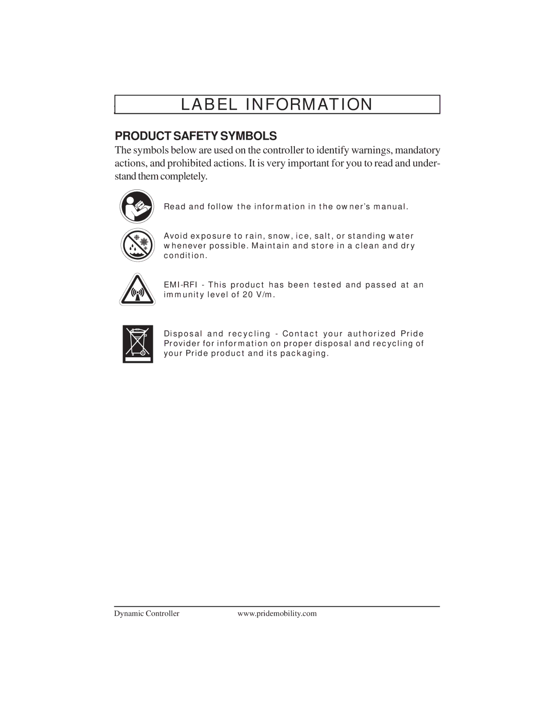 Pride Mobility INFMANU3676 manual Label Information, Product Safety Symbols 