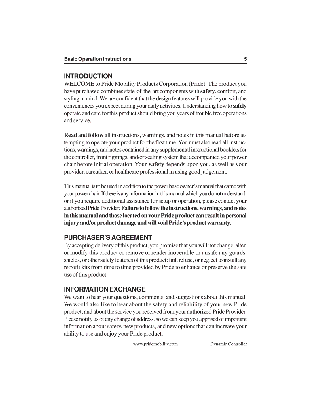 Pride Mobility INFMANU3676 manual Introduction, PURCHASER’S Agreement, Information Exchange 