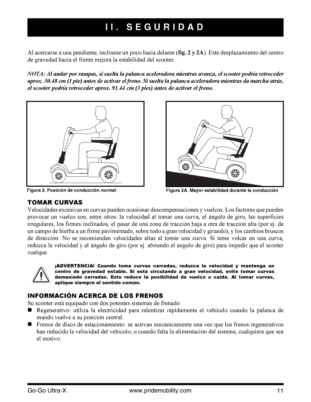 Pride Mobility INFMANU3769 manual Tomar Curvas, Información Acerca DE LOS Frenos 