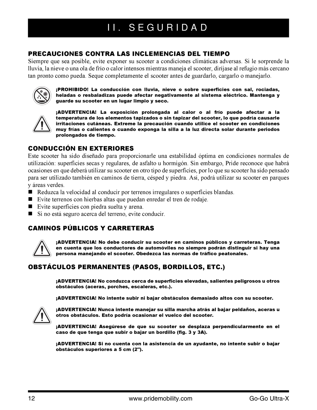 Pride Mobility INFMANU3769 manual Precauciones Contra LAS Inclemencias DEL Tiempo, Conducción EN Exteriores 