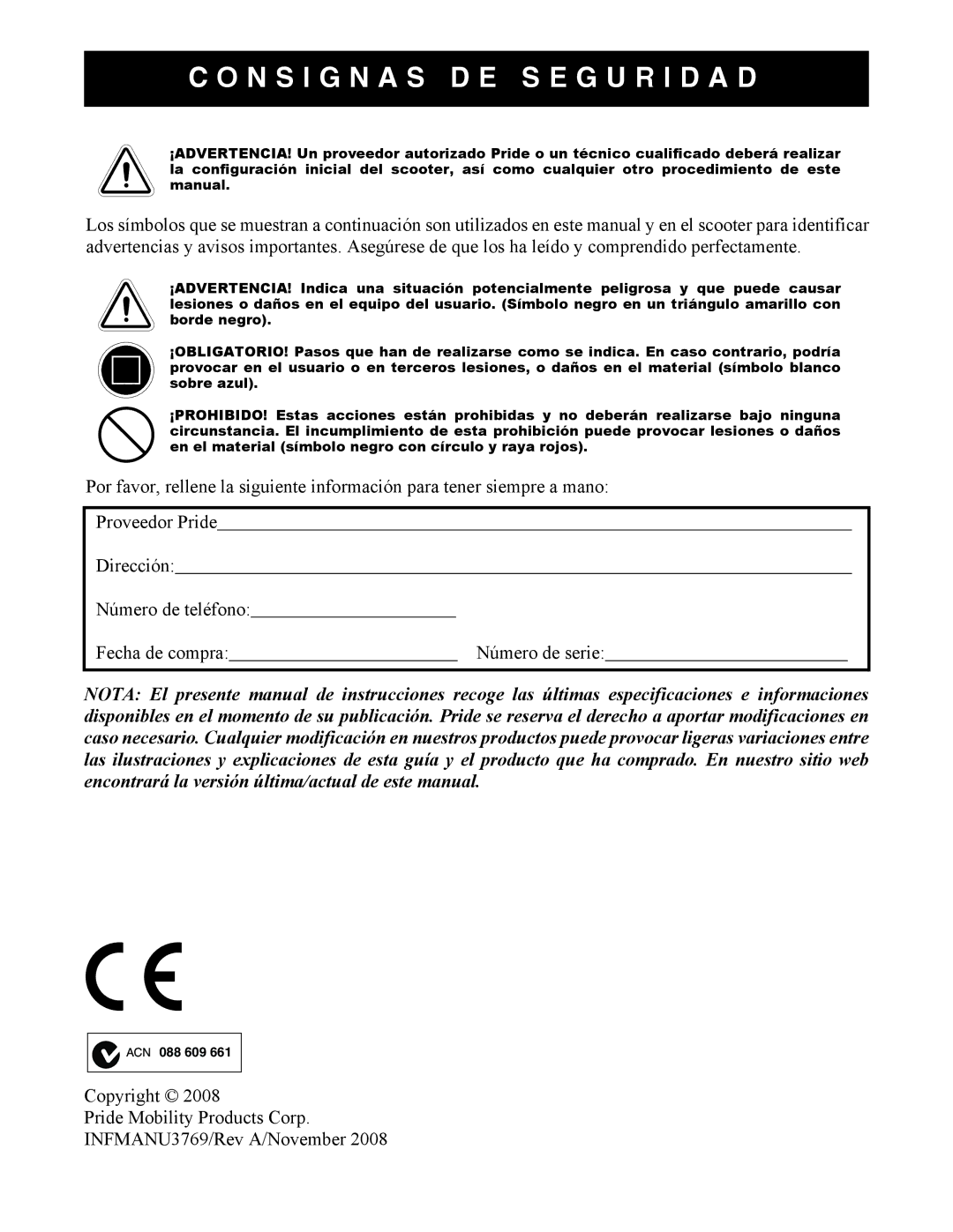 Pride Mobility INFMANU3769 manual N S I G N a S D E S E G U R I D a D 