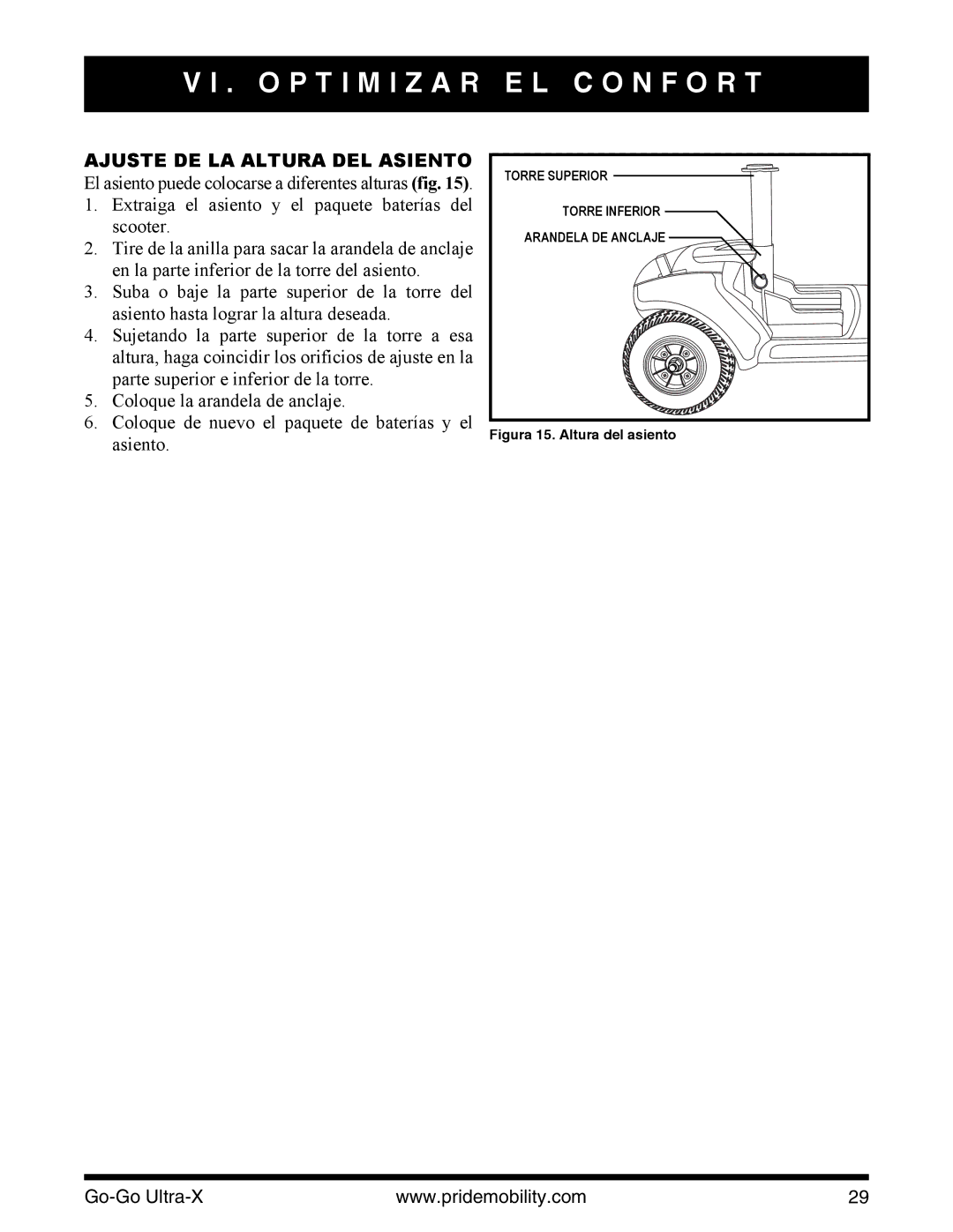 Pride Mobility INFMANU3769 manual O P T I M I Z a R, Ajuste DE LA Altura DEL Asiento 