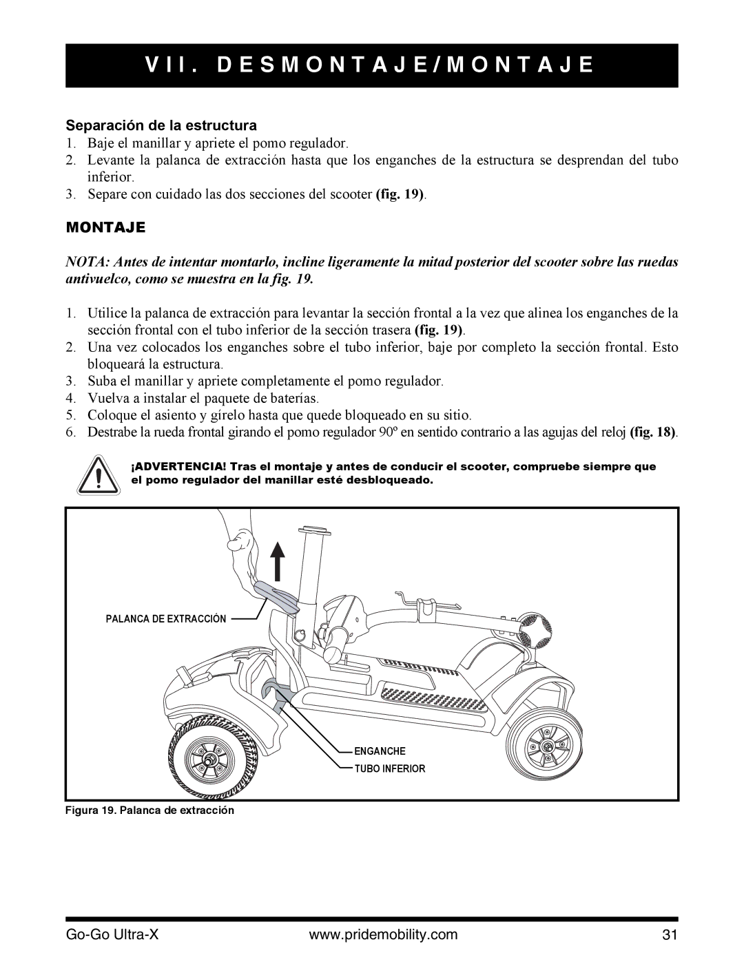 Pride Mobility INFMANU3769 manual Separación de la estructura, Montaje 