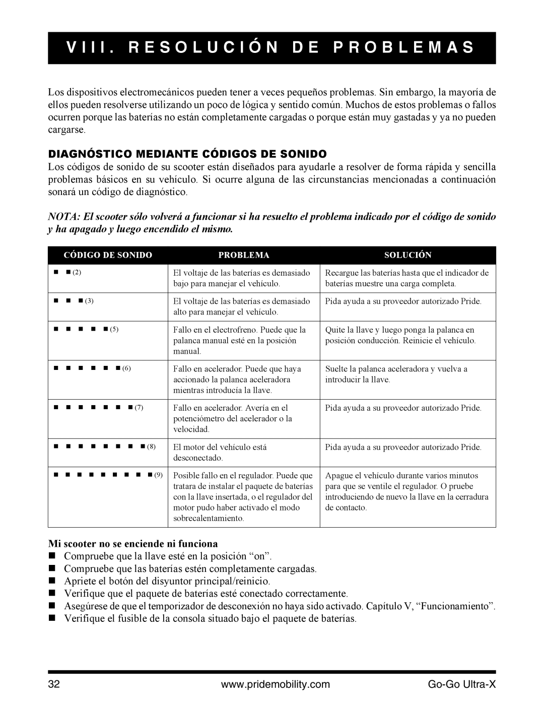 Pride Mobility INFMANU3769 manual I I . R E S O L U C I Ó N D E P R O B L E M a S, Diagnóstico Mediante Códigos DE Sonido 