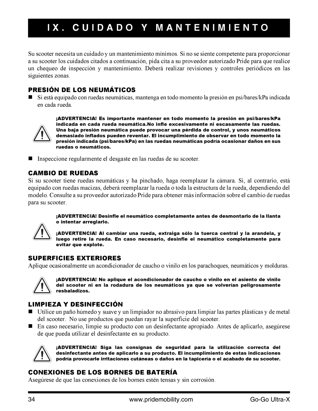 Pride Mobility INFMANU3769 manual C U I D a D O Y M a N T E N I M I E N T O 