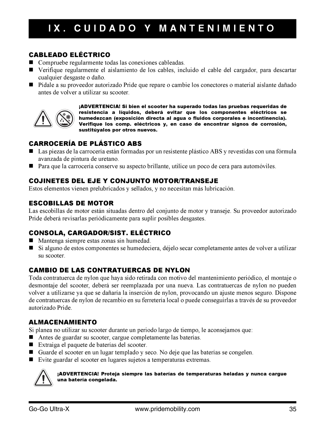 Pride Mobility INFMANU3769 manual Cableado Eléctrico, Carrocería DE Plástico ABS, Escobillas DE Motor, Almacenamiento 