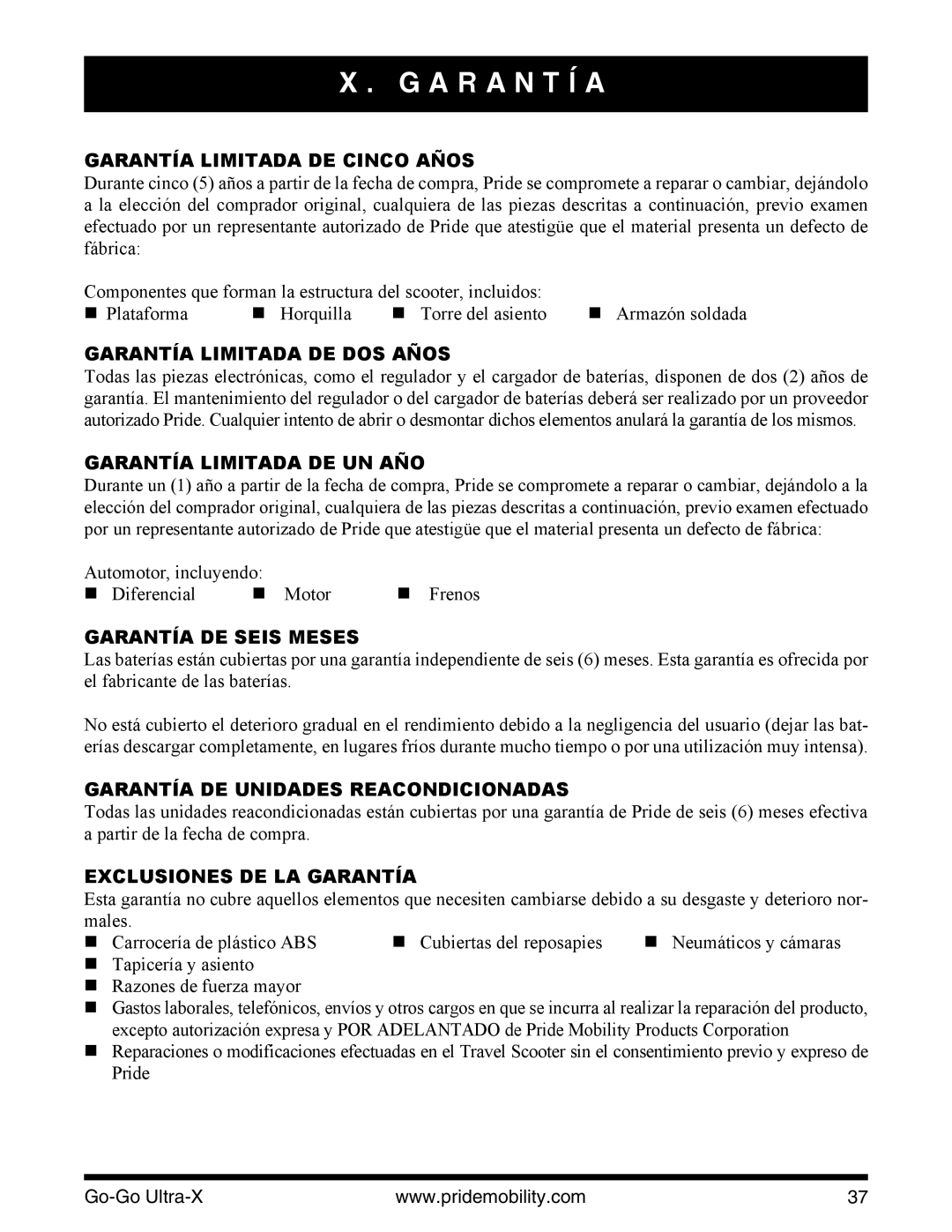 Pride Mobility INFMANU3769 manual A R a N T Í a 