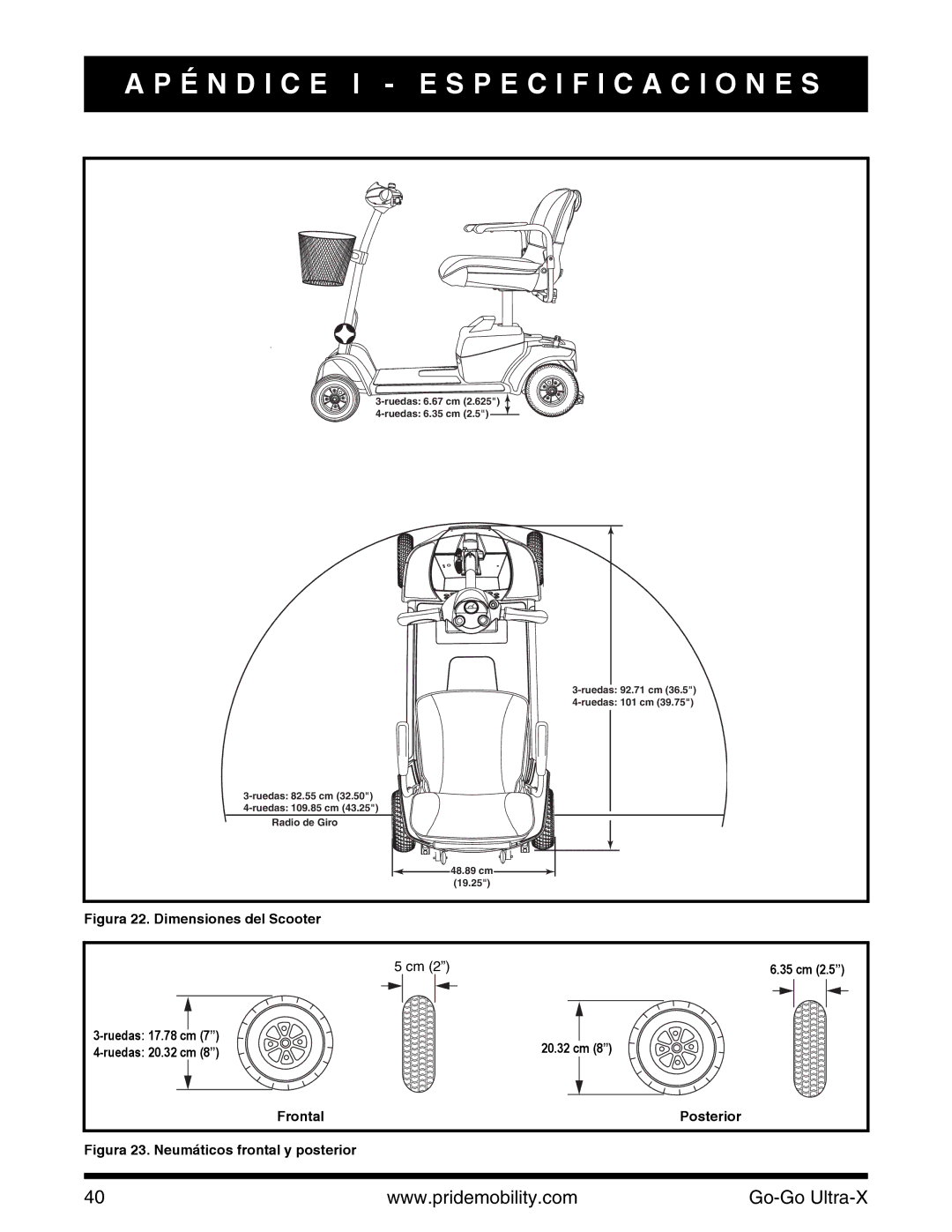 Pride Mobility INFMANU3769 manual Figura 23. Neumáticos frontal y posterior 
