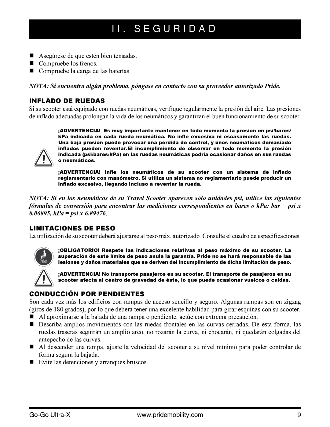 Pride Mobility INFMANU3769 manual Inflado DE Ruedas, Limitaciones DE Peso, Conducción POR Pendientes 
