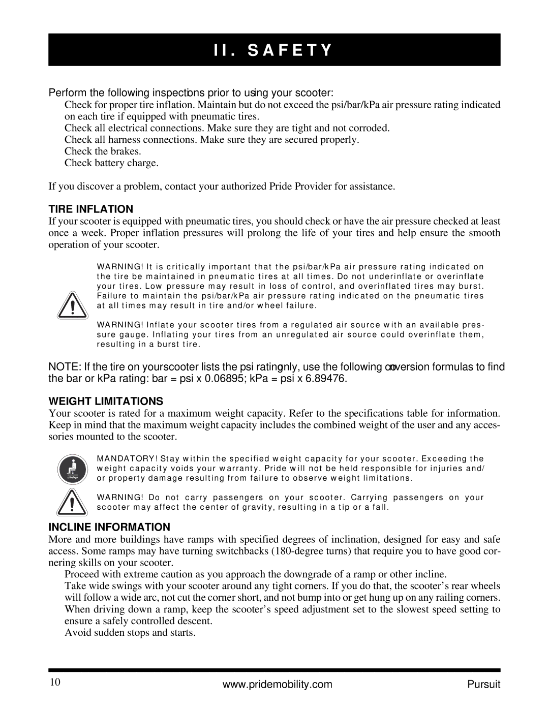 Pride Mobility INFMANU3890 manual Tire Inflation, Weight Limitations, Incline Information 