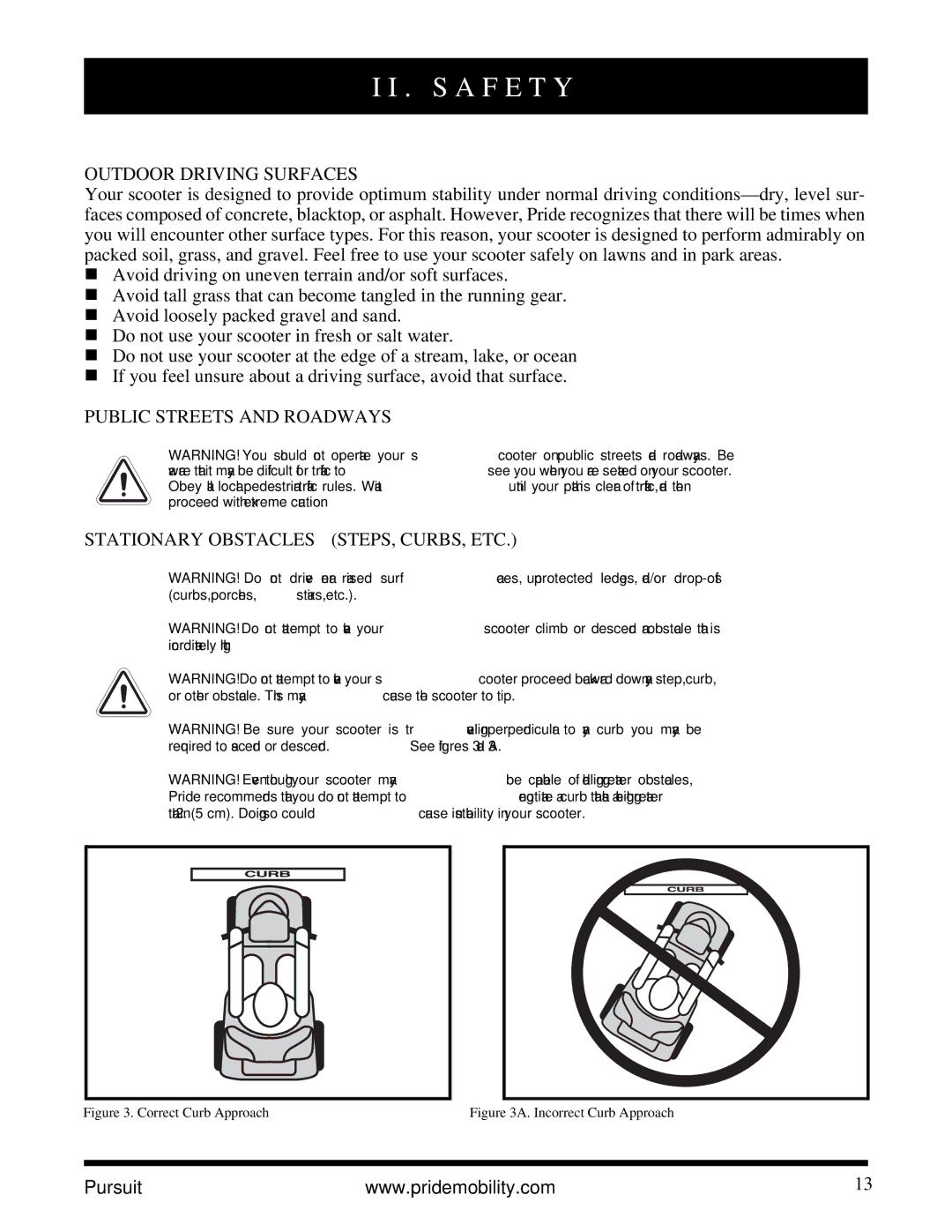 Pride Mobility INFMANU3890 manual Outdoor Driving Surfaces, Correct Curb Approach 