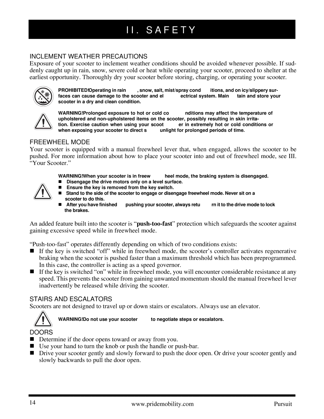 Pride Mobility INFMANU3890 manual Inclement Weather Precautions, Freewheel Mode, Stairs and Escalators, Doors 